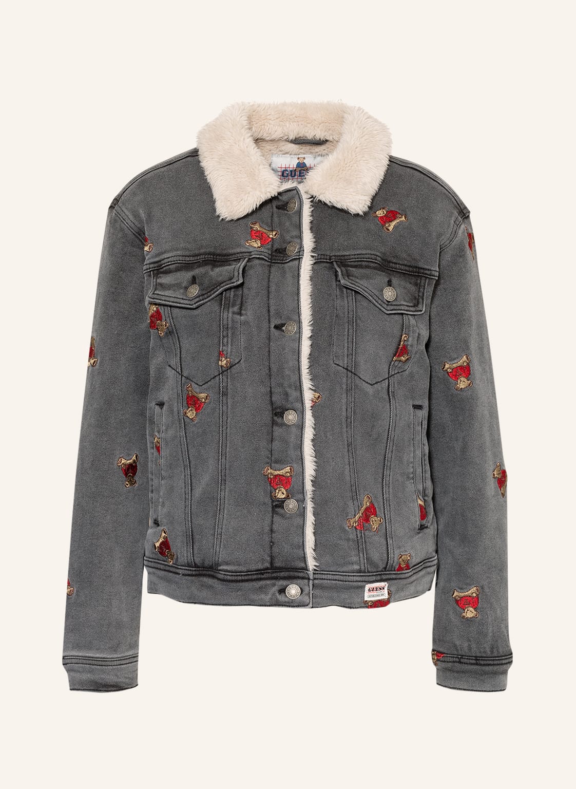 Guess Jeansjacke Bear Mit Kunstfell grau