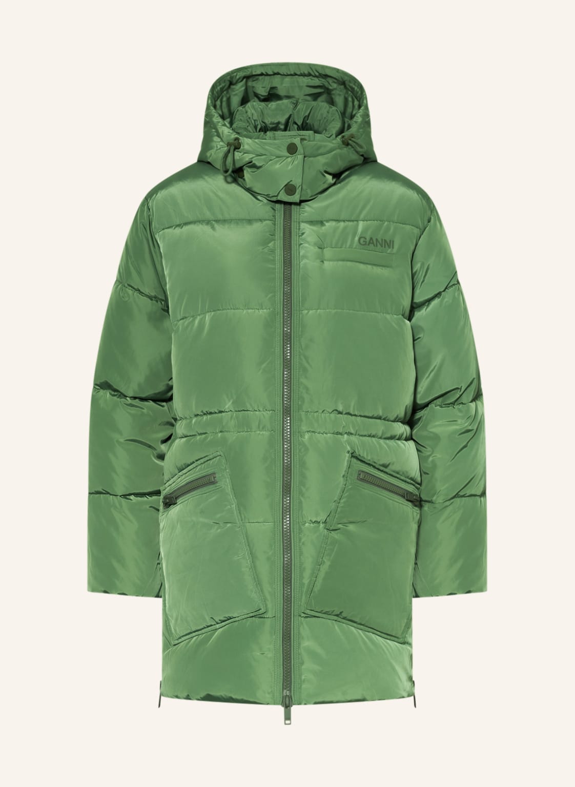 Image of Ganni Oversized-Steppjacke Mit Abnehmbarer Kapuze gruen