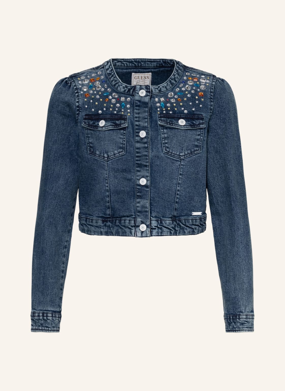 Image of Guess Jeansjacke Mit Schmucksteinen blau
