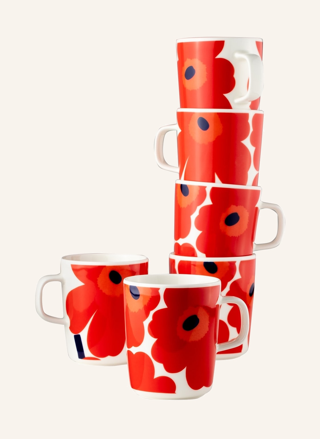 Image of Marimekko 6er-Set Henkelbecher Oiva/Unikko rot