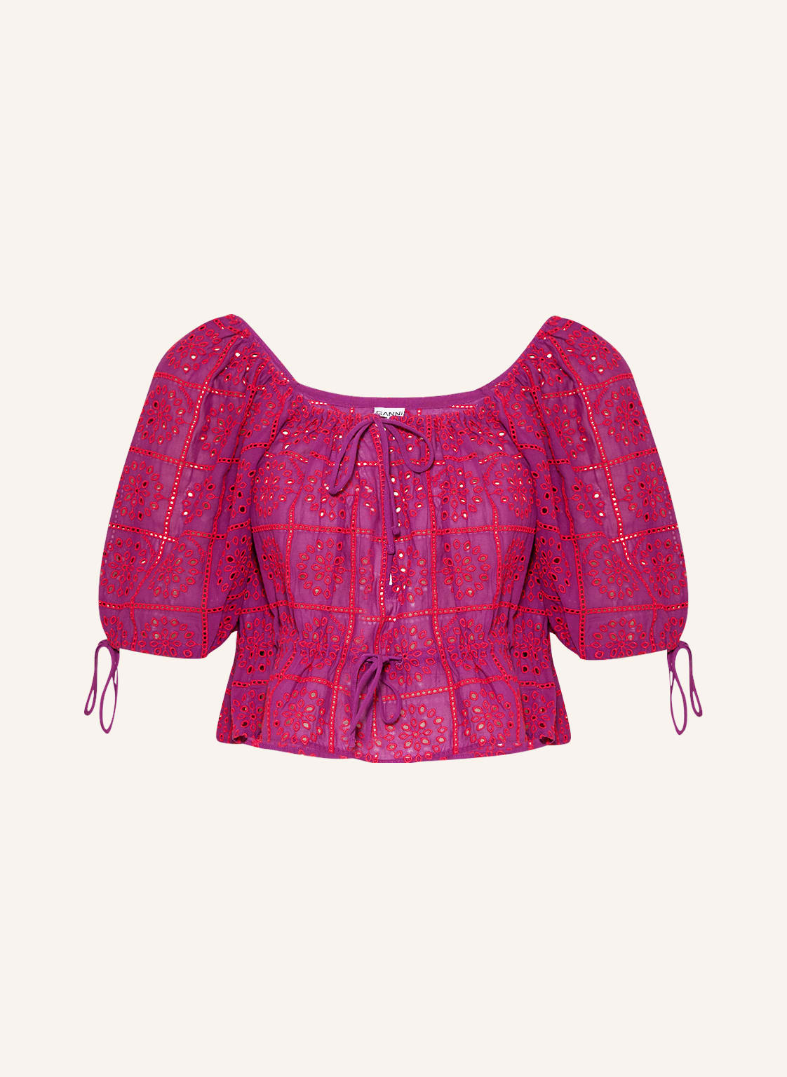Image of Ganni Cropped-Blusenshirt Aus Lochspitze pink