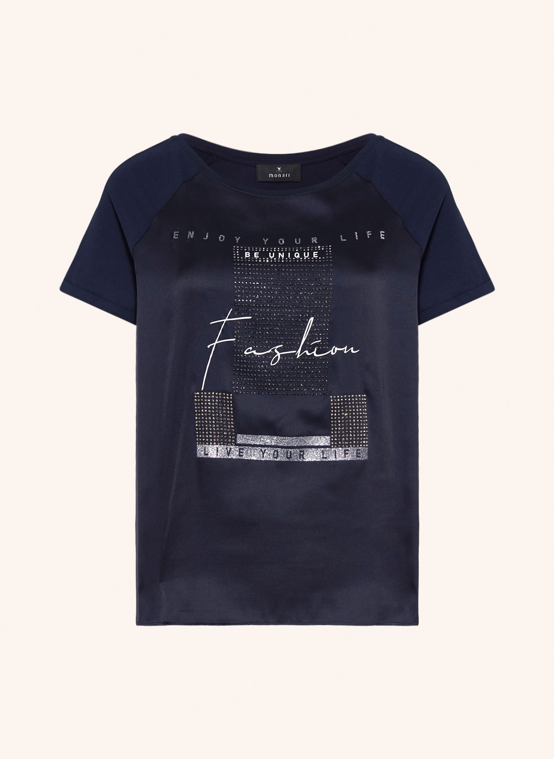 Image of Monari T-Shirt Im Materialmix Mit Schmucksteinen blau