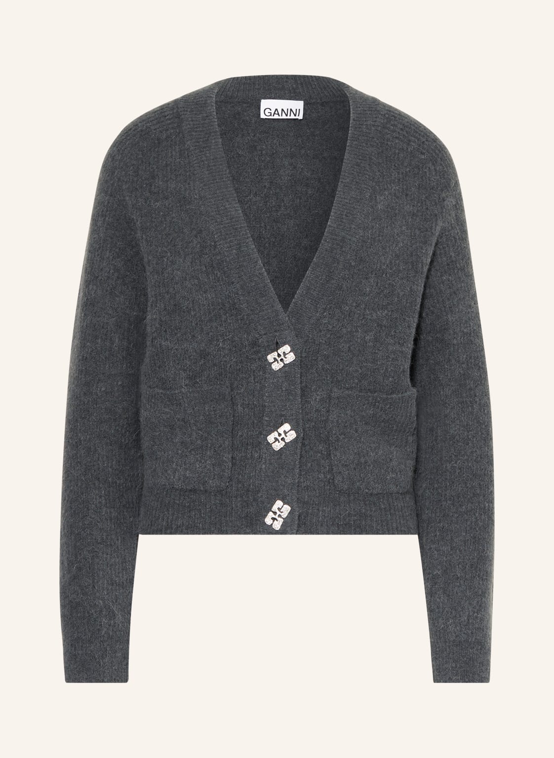 Image of Ganni Strickjacke Mit Schmucksteinen Und Alpaka grau