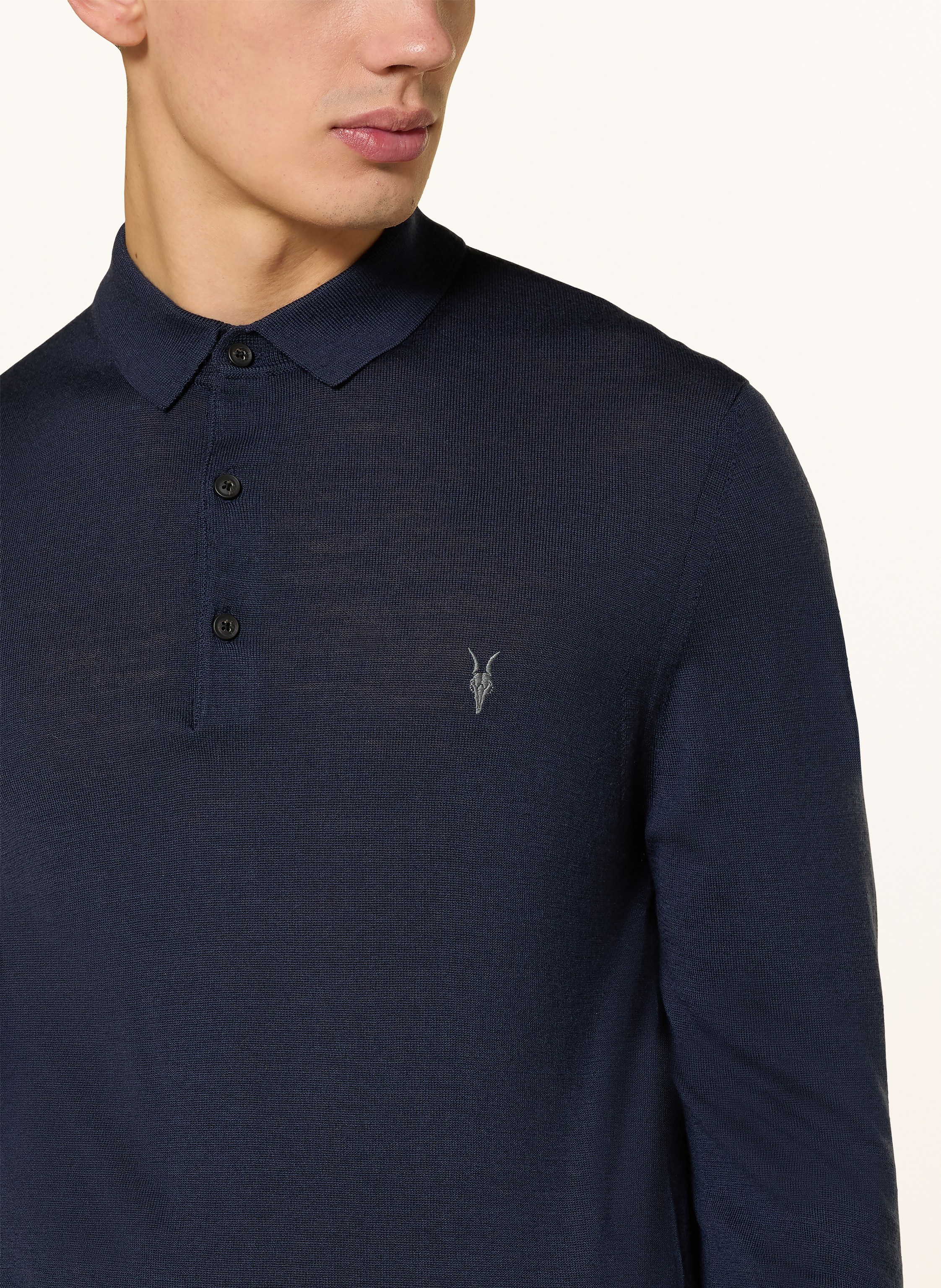 Thumbnail - Allsaints Strick-Poloshirt Mode Aus Merinowolle blau