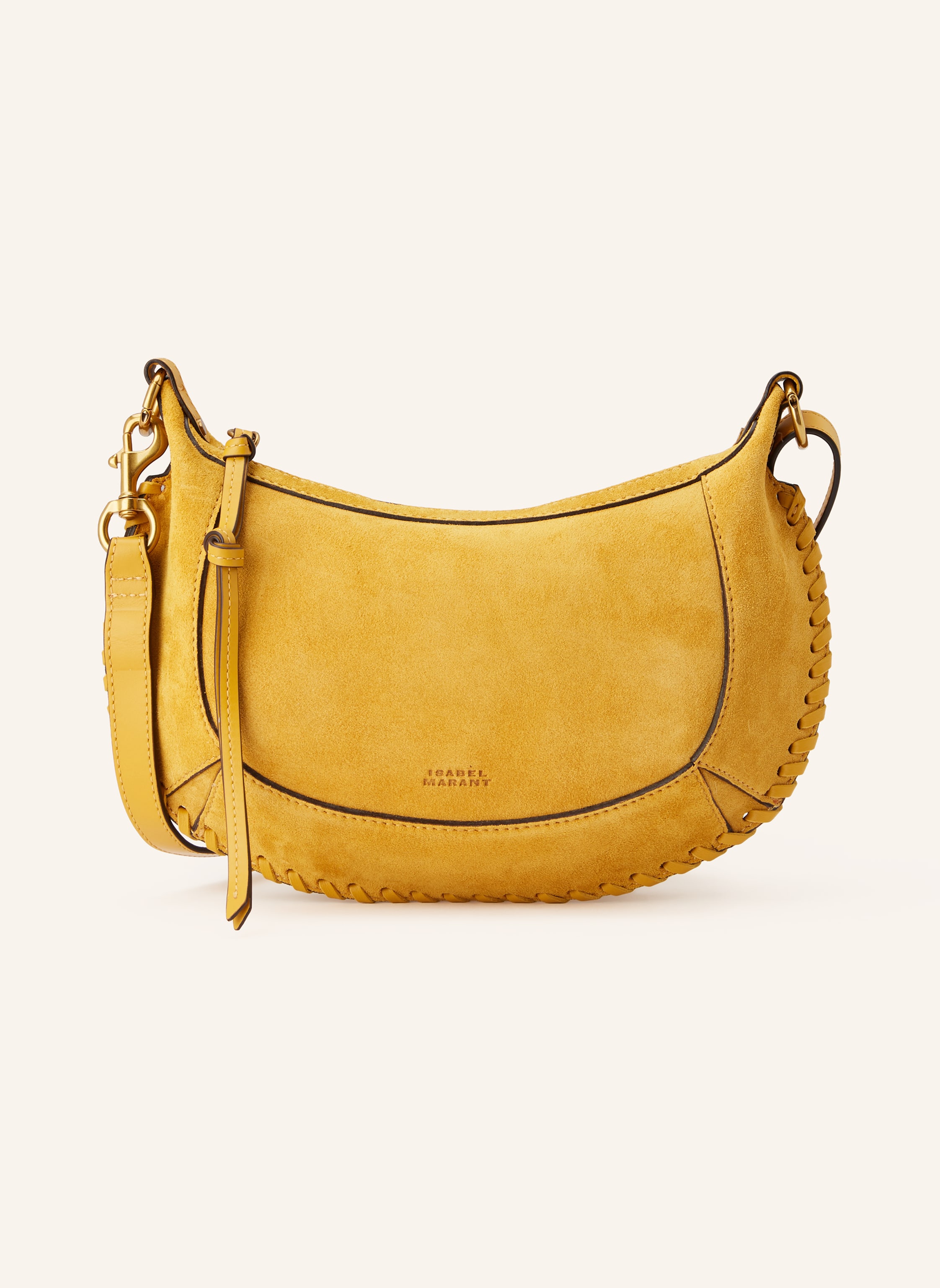 Isabel Marant Veloursleder. Markante Naht am Taschenboden. Schließt mit Reißverschluss. Abnehmbarer, längenverstellbarer Schulterriemen. Innen ein Hauptfach. Ein Steckfach. Label-Prägung auf der Front in dunkelgelb / gold