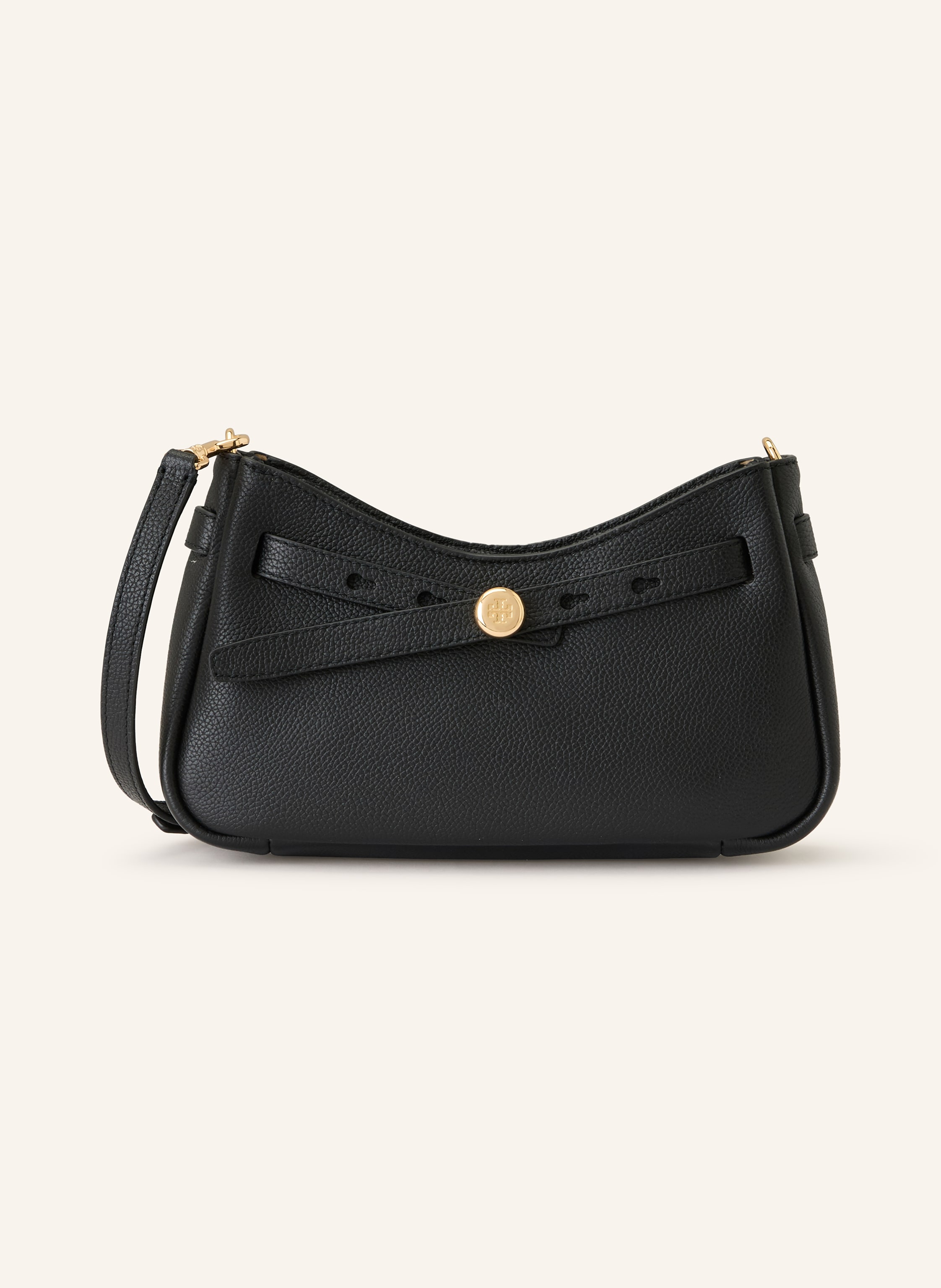 Tory Burch Innen ein Hauptfach. Zwei Kartenfächer. Abnehmbarer Schulterriemen. Längenverstellbarer Schulterriemen. Reißverschluss. Label-Detail. Genarbtes Leder. Unifarben in schwarz