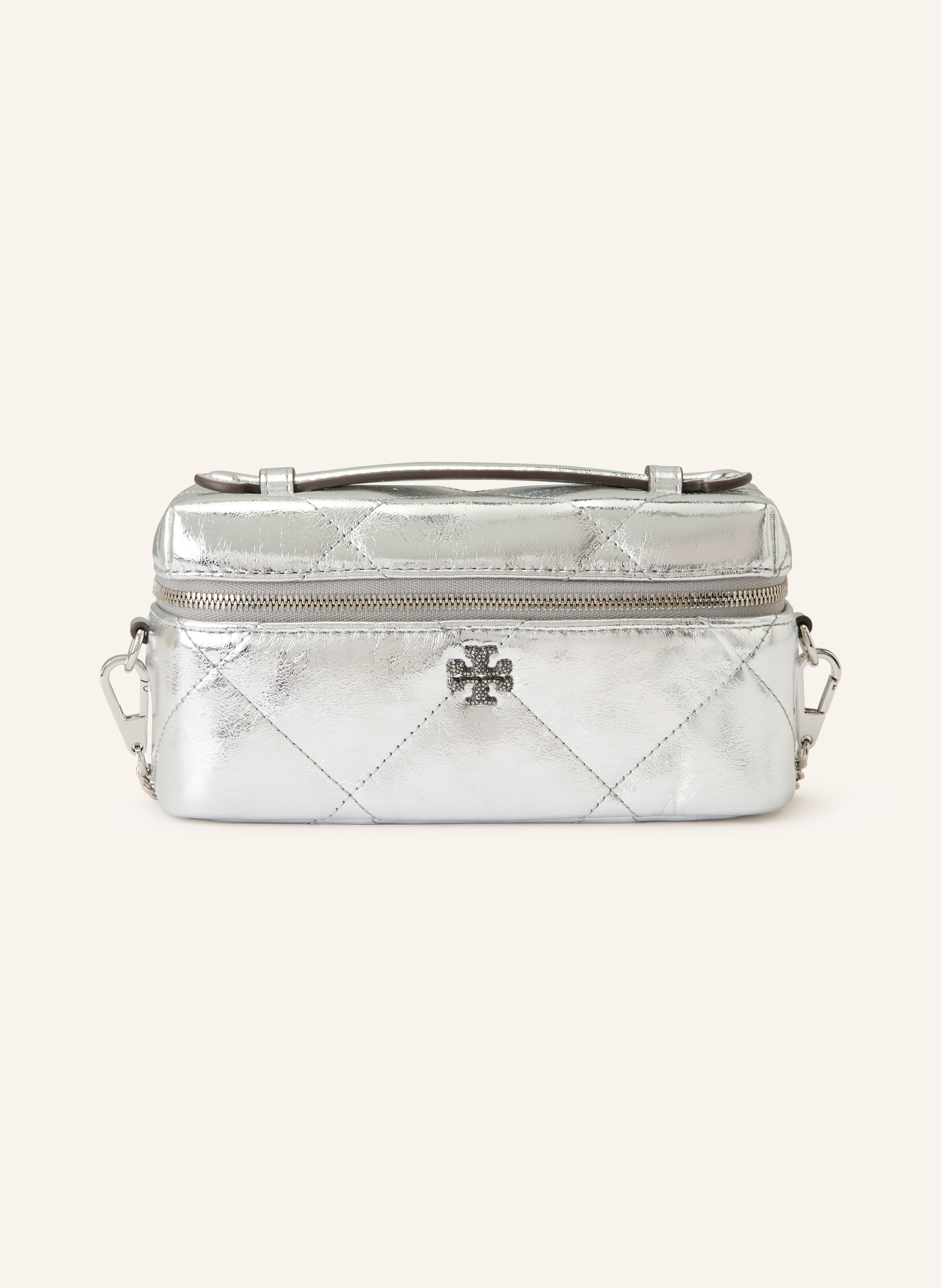 Tory Burch Innen ein Hauptfach. Abnehmbare Schulterkette. Ein Tragegriff. Verstärkter Taschenboden. Zwei-Wege-Reißverschluss. Label-Detail. Fein genarbtes Leder. Unifarben in silber