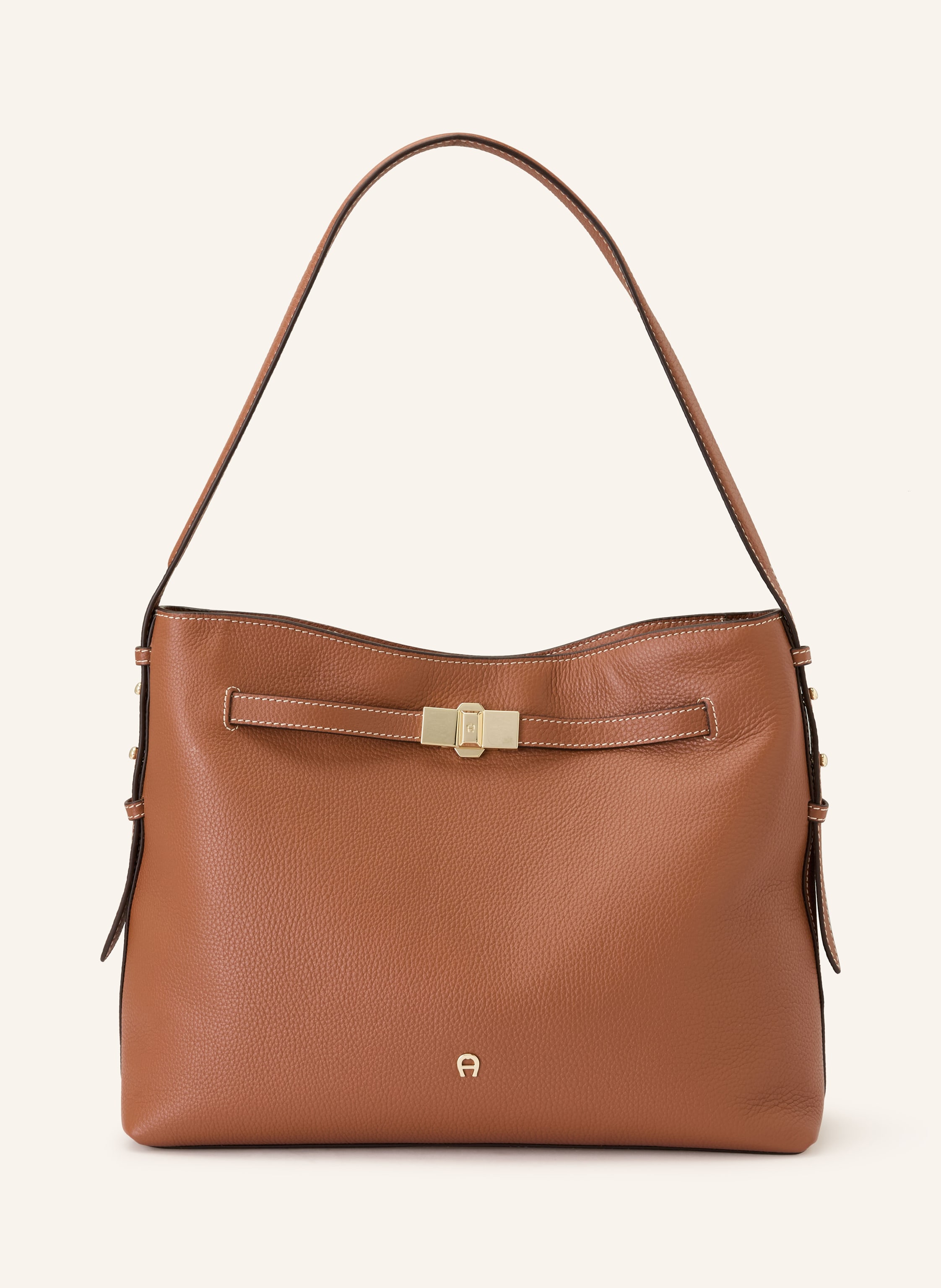 Aigner Ein Innenfach mit Reißverschluss. Zwei Steckfächer. Ein Tragegriff. Verstärkter Taschenboden. Reißverschluss. Label-Details. Genarbtes Leder. Unifarben. Dekorative Schließe. Kontrastnaht Medium in braun / gold