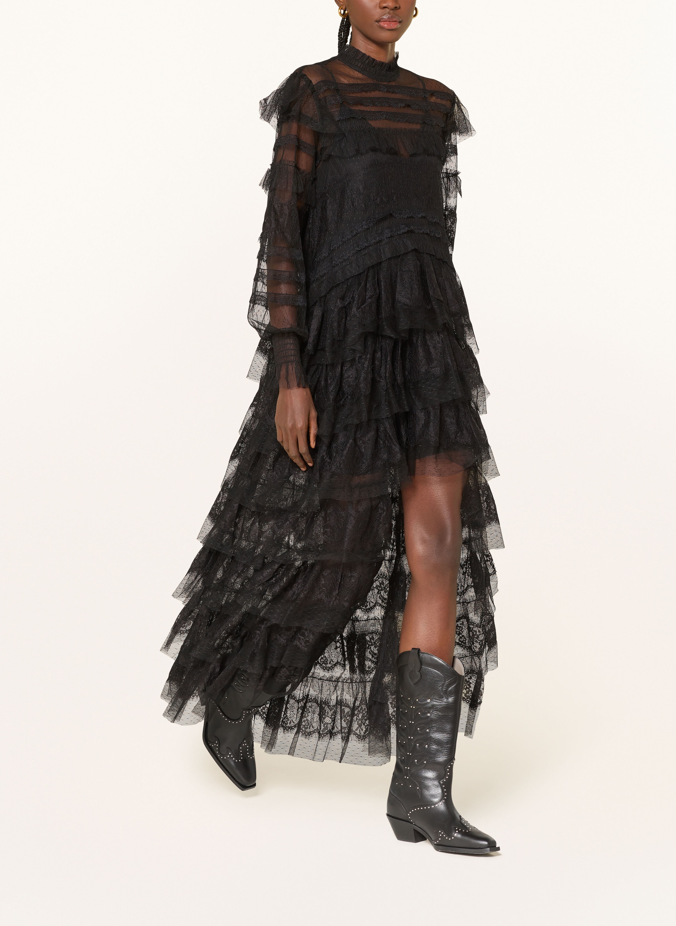 Thumbnail - Allsaints Spitzenkleid Cavarly Mit Volants schwarz