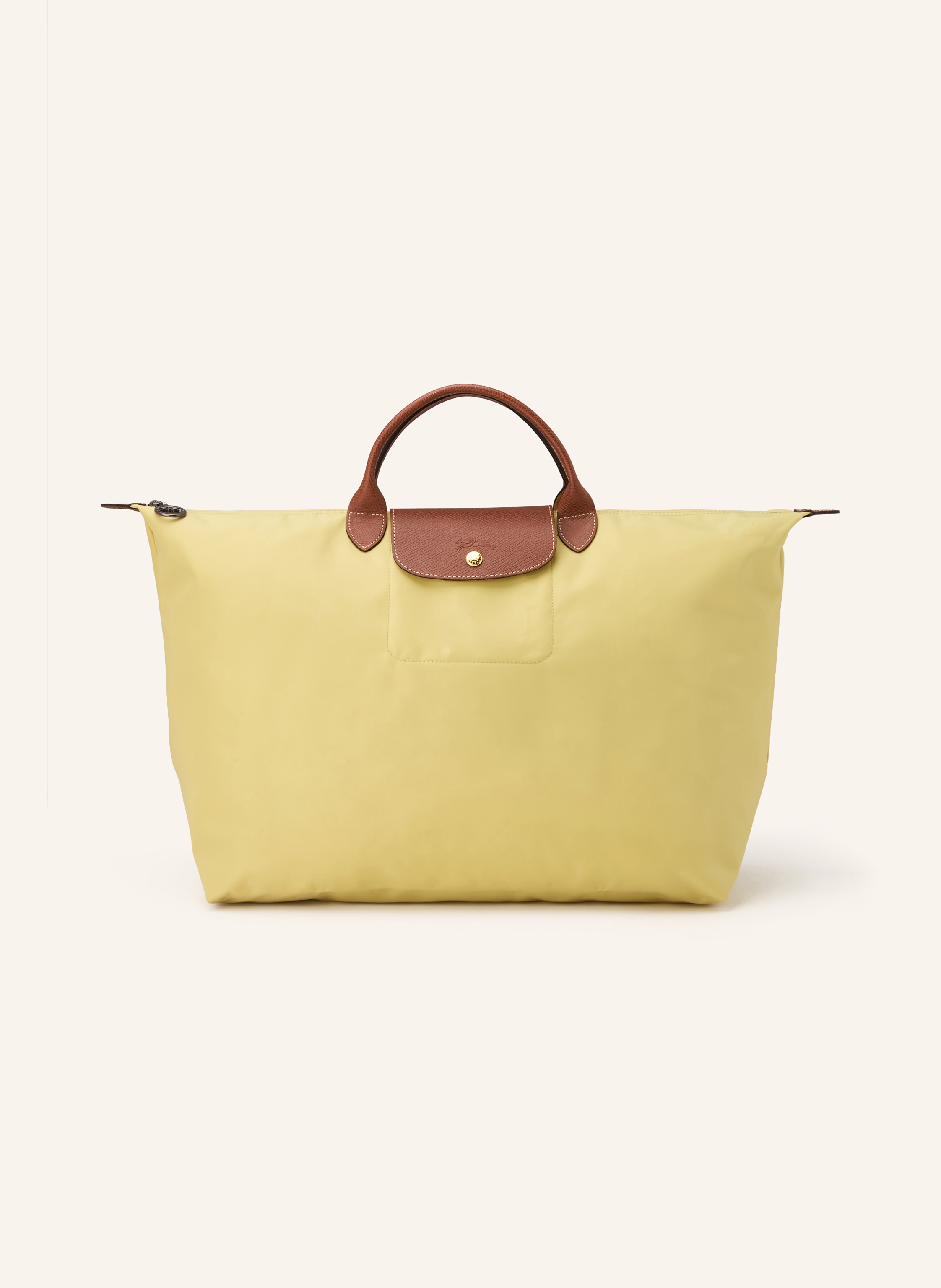 Longchamp Goldfarbene Metalldetails. Schließt mit einem Druckknopf. Tragehenkel. Steckfach für Smartphone & Co. Faltbar Large in hellgrün / braun