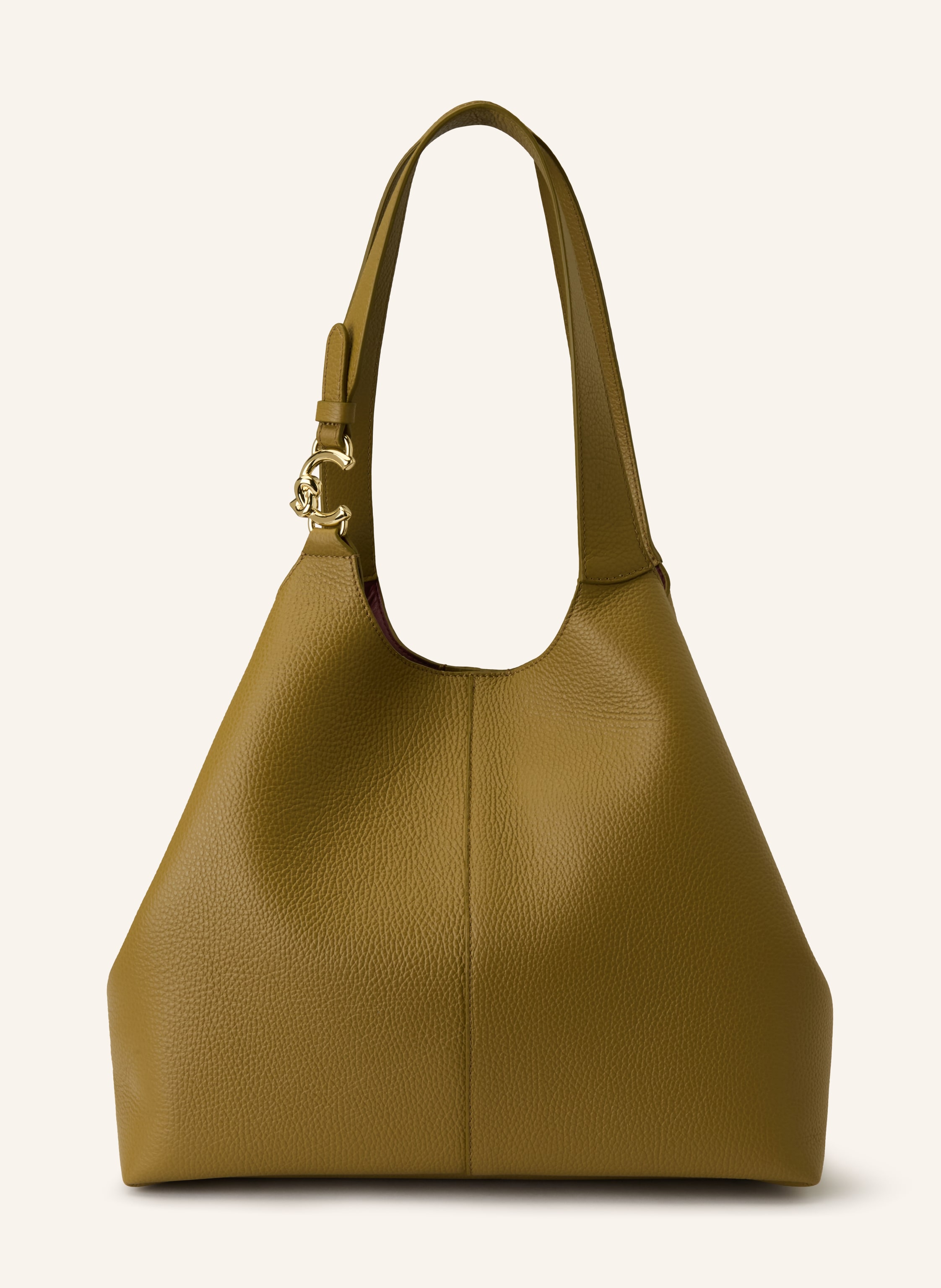 Coccinelle Genarbtes Leder. Schließt mit Druckknopf und Steckschließe innen. Zwei Schulterriemen. Herausnehmbare Pouch. Innen ein Hauptfach. Verstärkter Taschenboden. Label-Monogramm am Schulterriemen in oliv / gold
