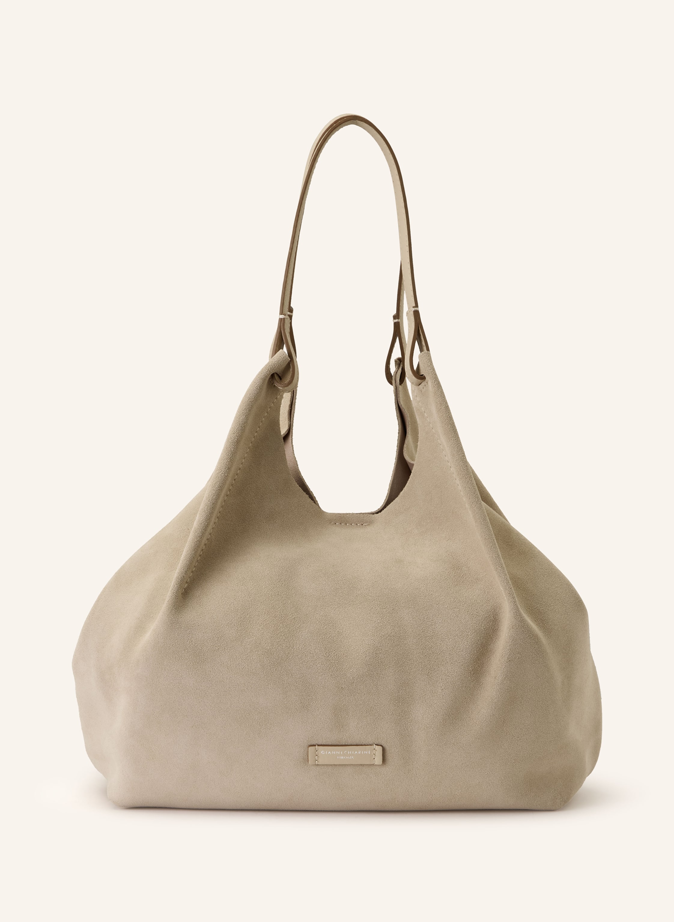 Gianni Chiarini Veloursleder und fein genarbtes Leder. Schließt mit Magnet- und Karabinerverschluss. Zwei Tragegriffe. Herausnehmbare Pouch. Innen ein Hauptfach. Label-Plakette auf der Front in beige