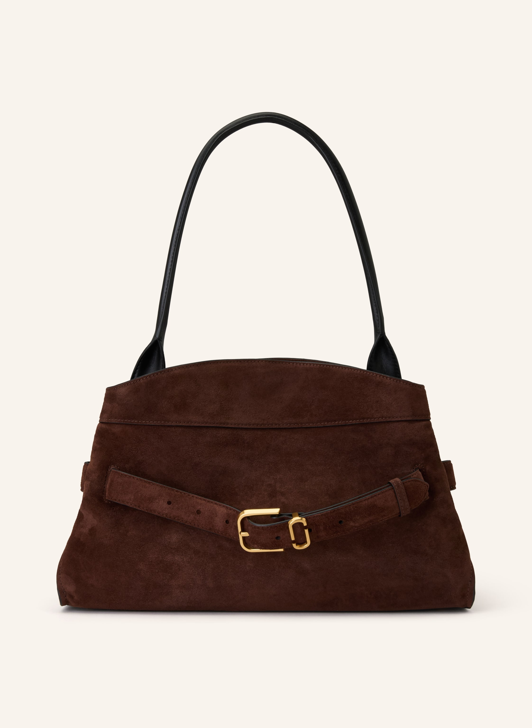 Marc Jacobs Ein Innenfach mit Reißverschluss. Ein Steckfach. Innen zwei Hauptfächer. Ein Tragegriff. Schutzfüßchen. Magnetverschluss. Label-Prägung. Aus Veloursleder. Unifarben in dunkelbraun