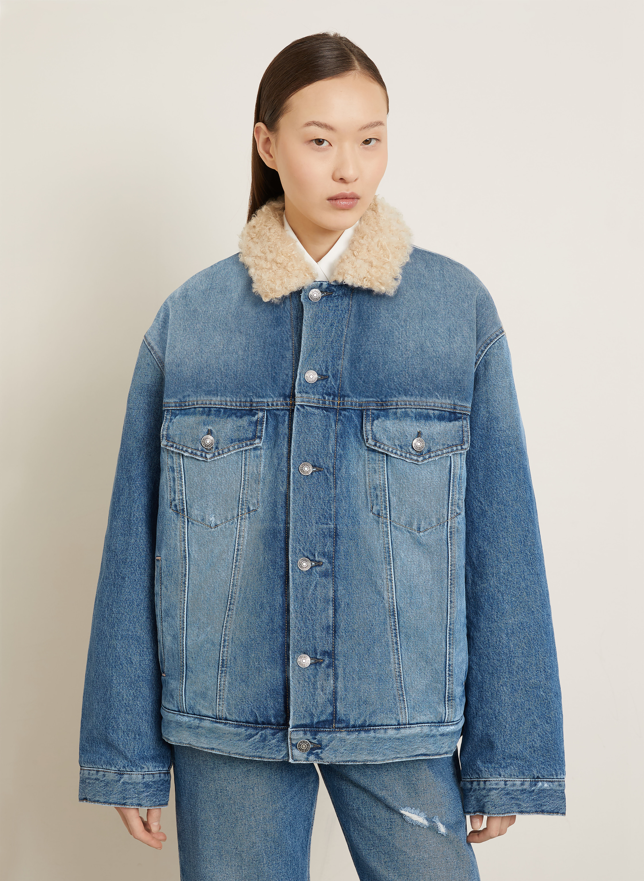 Thumbnail - Acne Studios Oversized-Jeansjacke Mit Kunstfell blau