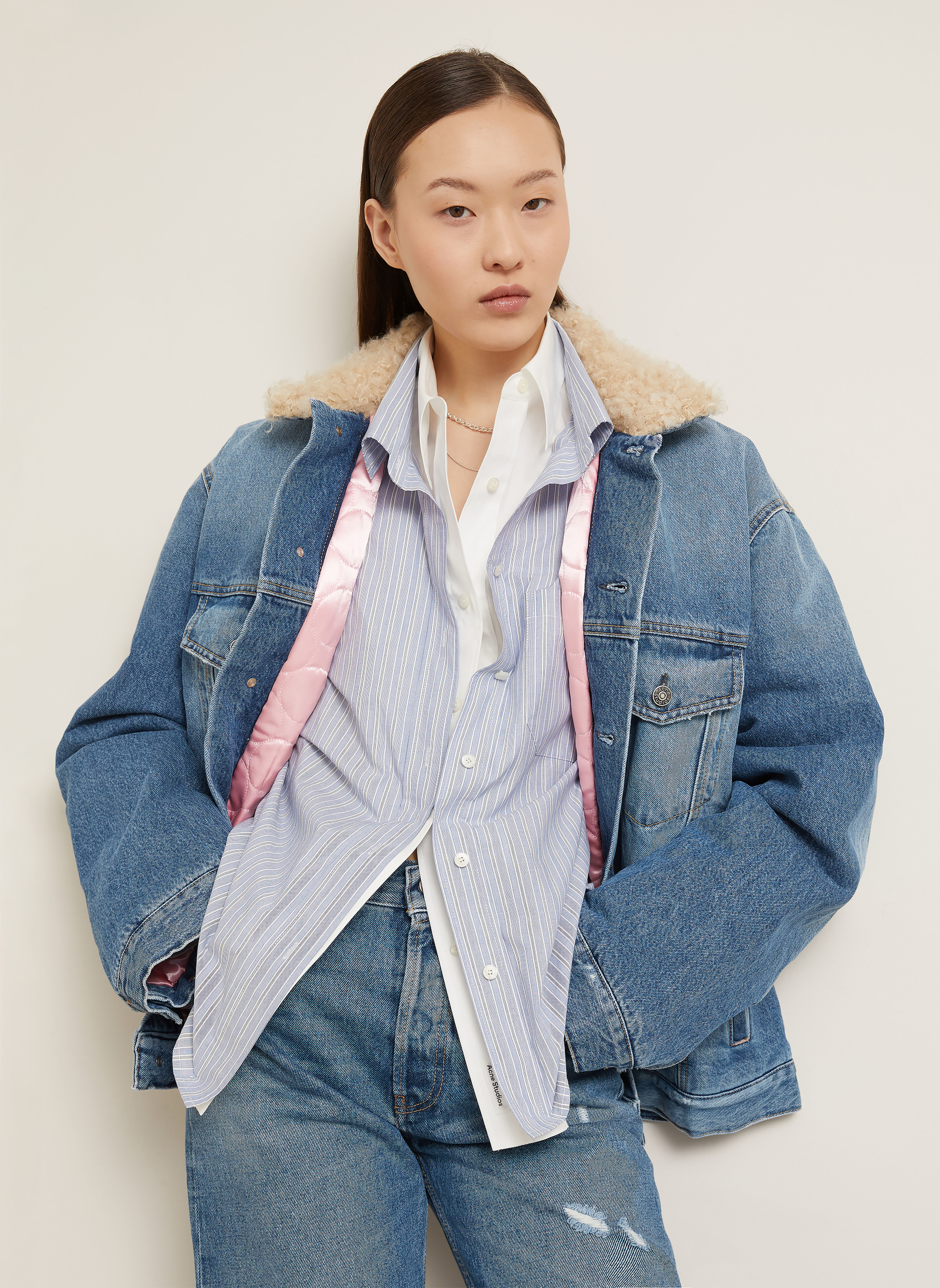 Thumbnail - Acne Studios Oversized-Jeansjacke Mit Kunstfell blau
