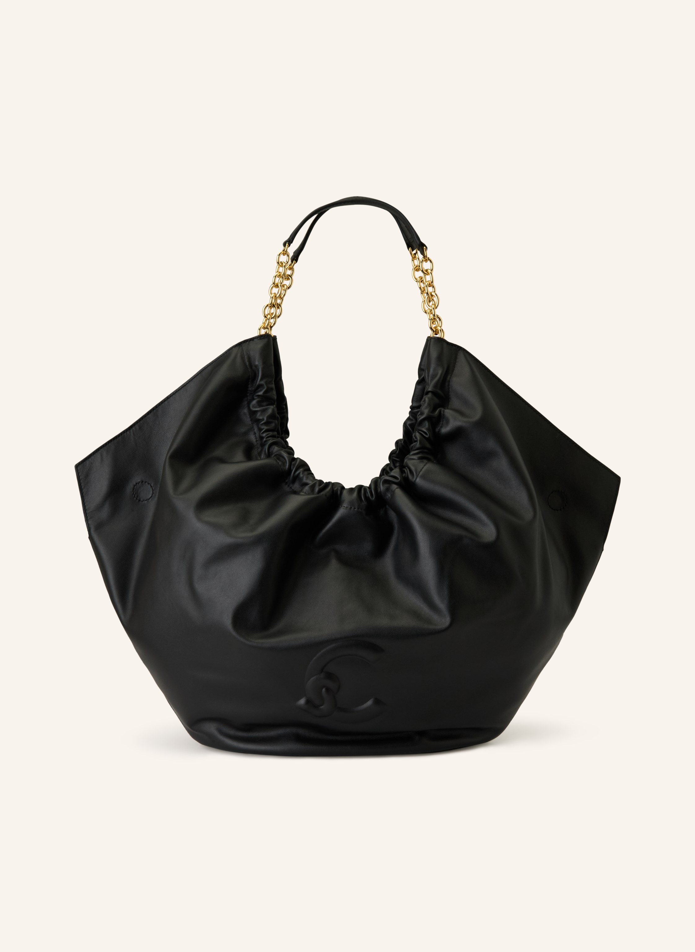 Coccinelle Ein Innenfach mit Reißverschluss. Zwei Tragegriffe. Verstärkter Taschenboden. Magnetverschluss. Label-Details. Fein genarbtes Leder. Unifarben in schwarz / gold