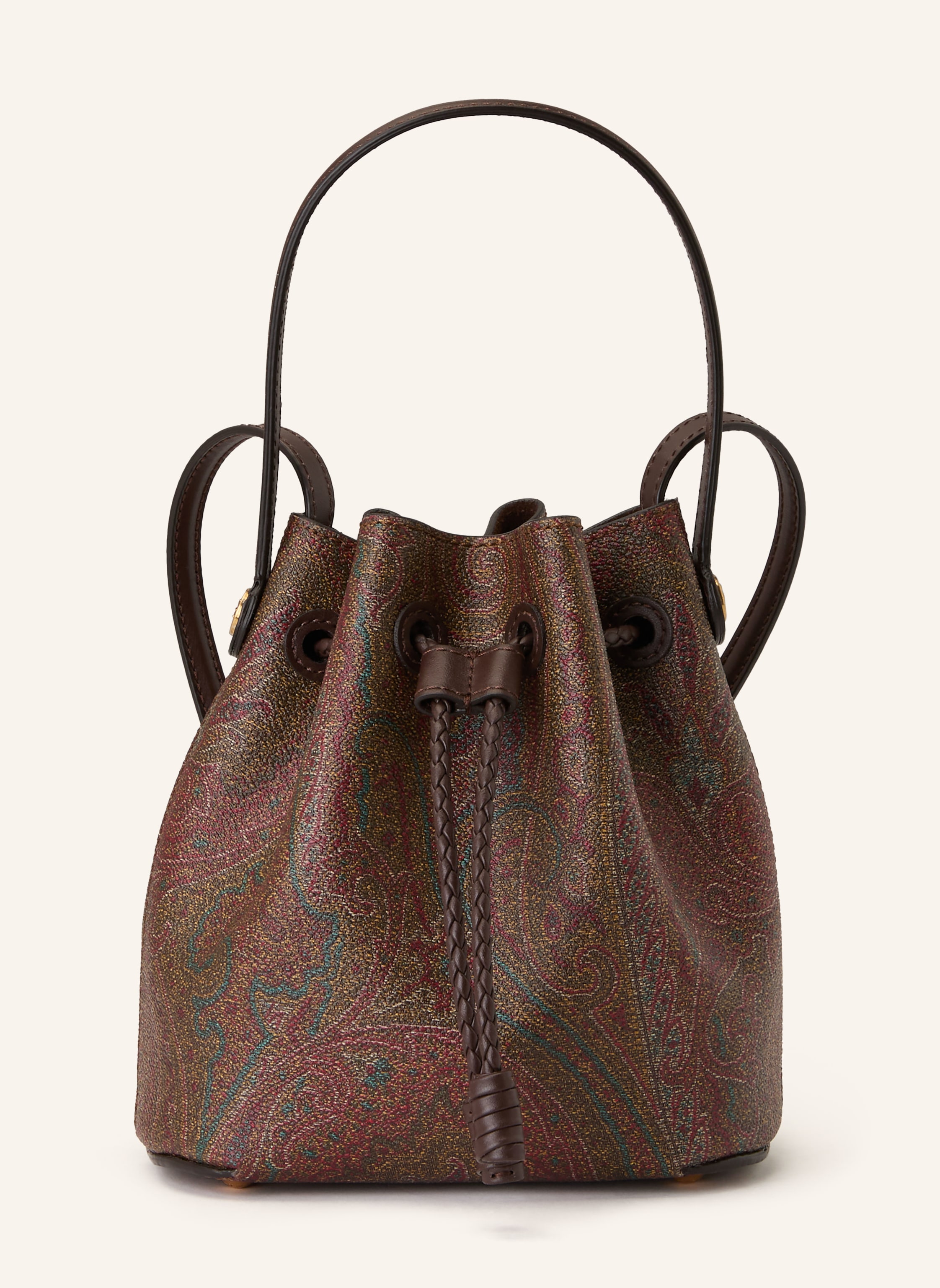 Etro Innen ein Hauptfach. Ein Tragegriff. Längenverstellbarer Schulterriemen. Schutzfüßchen. Verstärkter Taschenboden. Durchzugsband. Made in Italy. Label-Details. Beschichtetes Canvas. Lederdetails. Allov in dunkelbraun / gold / dunkelrot