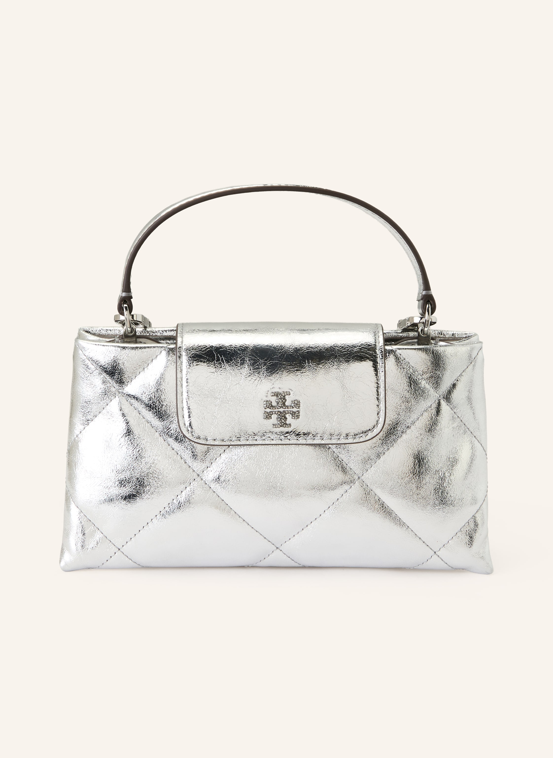 Tory Burch Ein Innenfach mit Reißverschluss. Ein Kartenfach. Innen zwei Hauptfächer. Abnehmbare Schulterkette. Ein Tragegriff. Magnetverschluss. Schmucksteinbesatz. Label-Detail. Leder in Metallic-Optik. Unifarb in silber