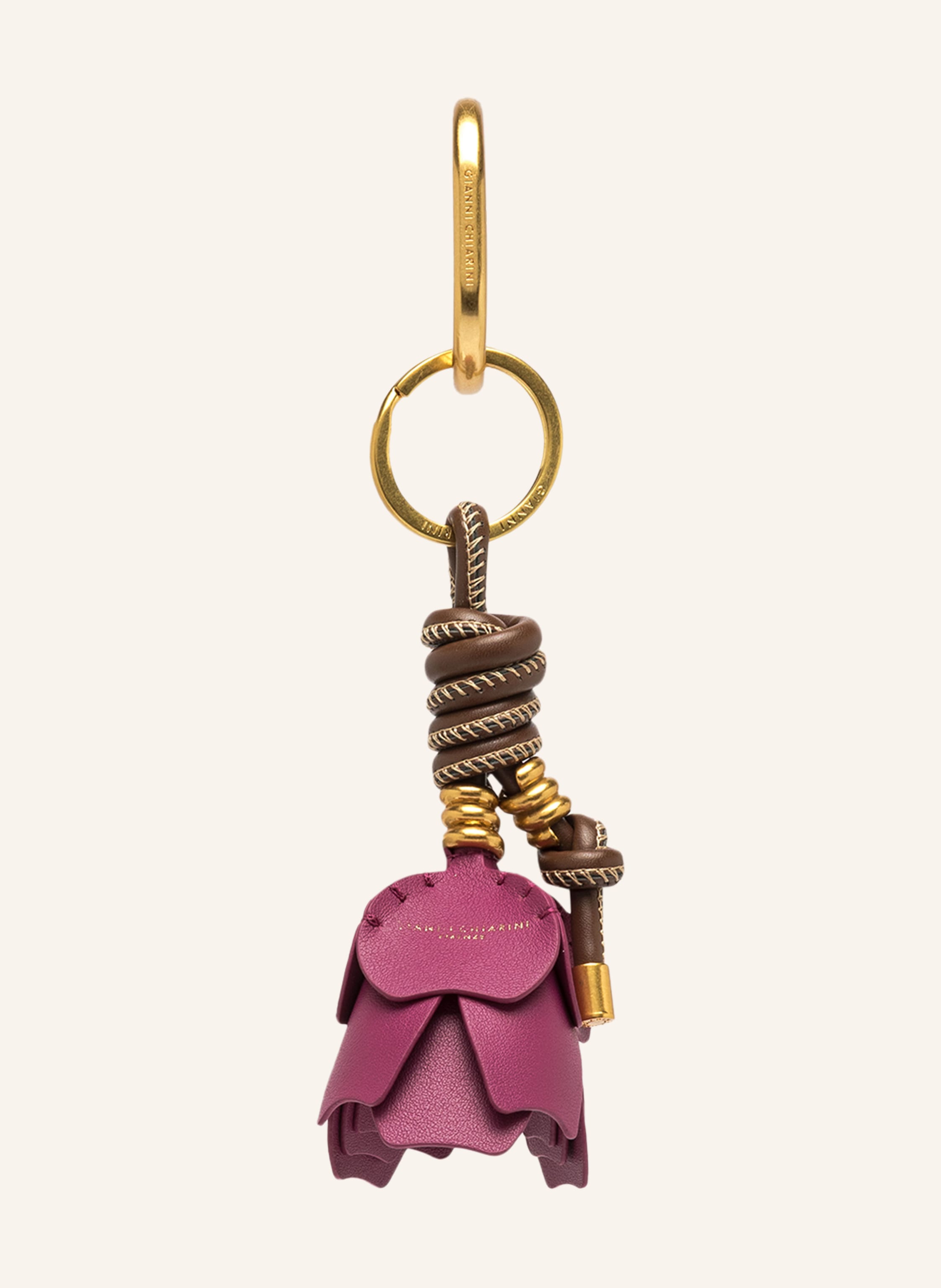 Gianni Chiarini Label-Print. Fein genarbtes Leder. Messing. Goldfarbene Metalldetails. Multicolor-Design in fuchsia / gold / braun
