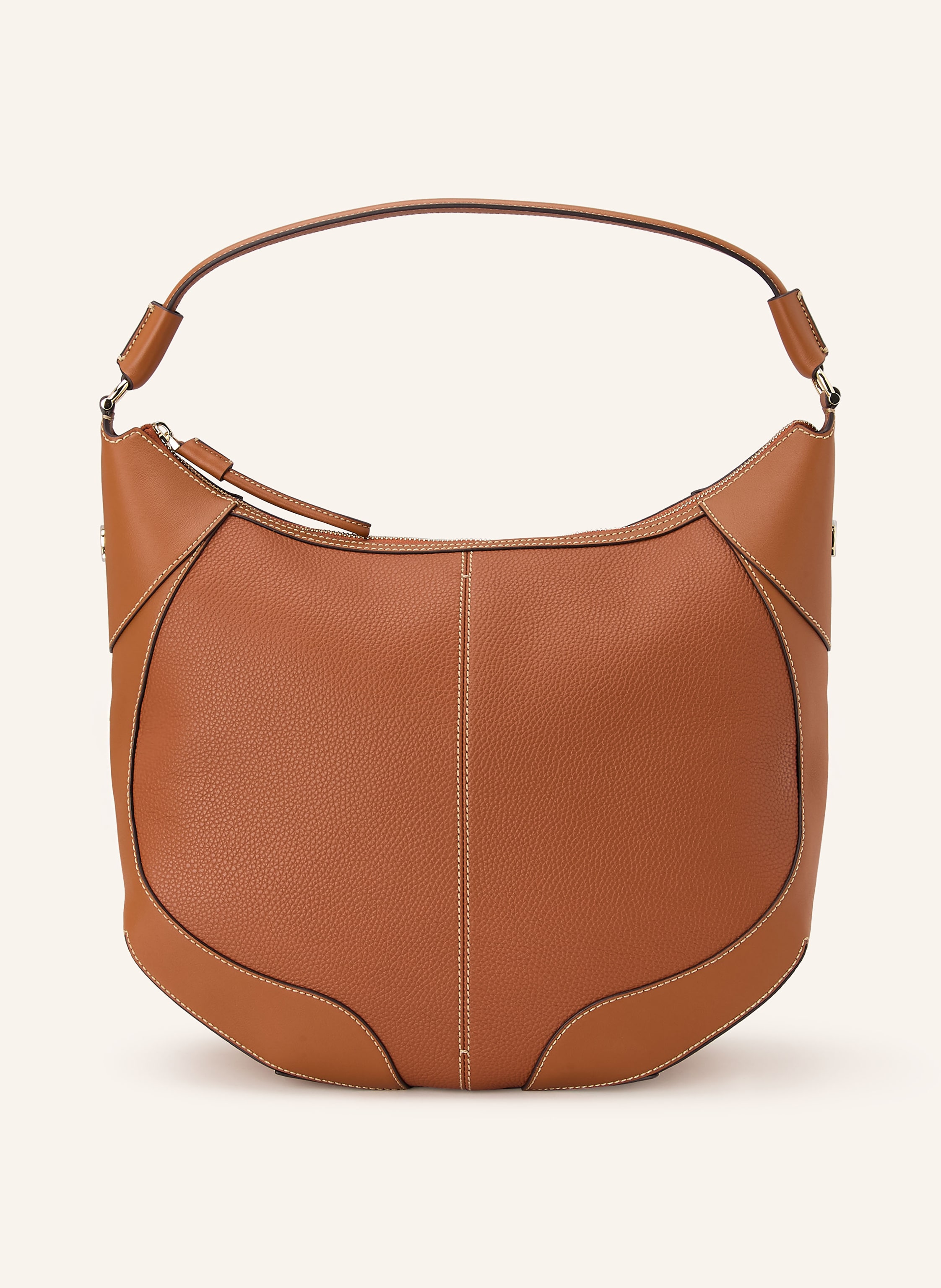Aigner Ein Innenfach mit Reißverschluss. Innen ein Hauptfach. Ein Tragegriff. Reißverschluss. Label-Details. Genarbtes Leder. Glattleder. Unifarben. Matte Optik in braun / gold