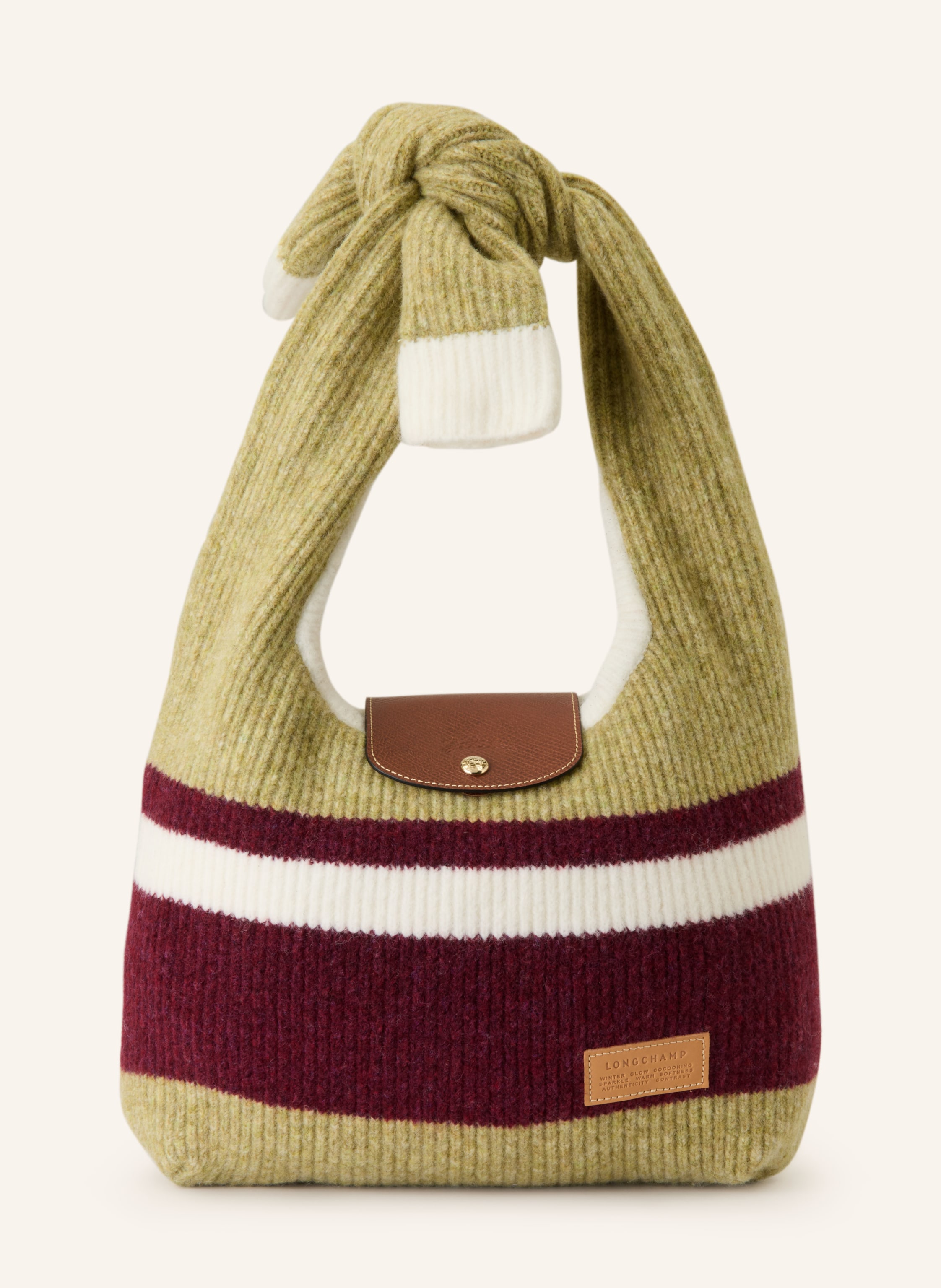 Longchamp Ein Steckfach. Innen ein Hauptfach. Druckknopf. Leder. Streifenmuster in oliv / dunkelrot / weiss