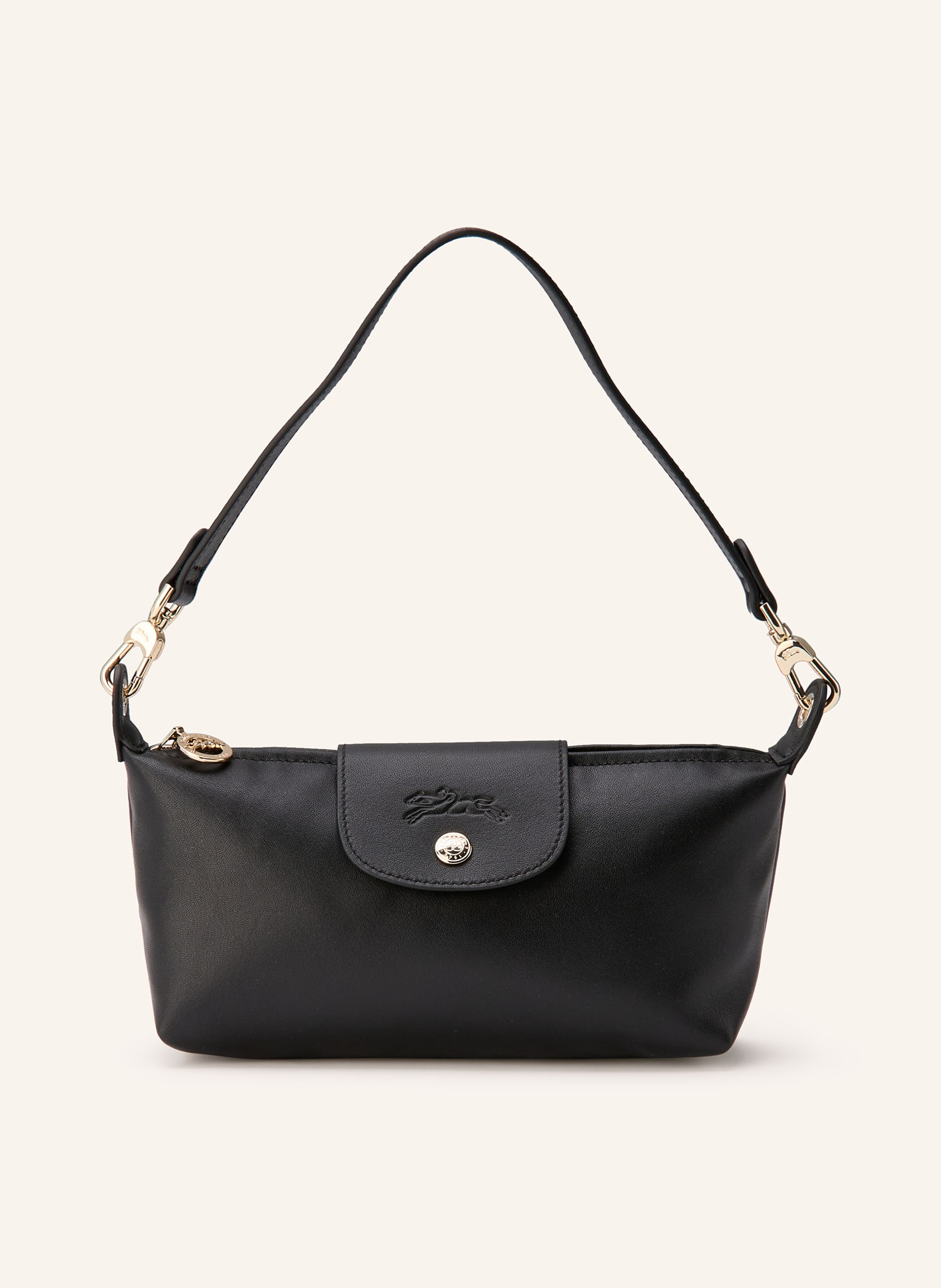 Longchamp Ein Steckfach. Abnehmbarer Schulterriemen. Druckknopf. Reißverschluss. Label-Details. Fein genarbtes Leder. Unifarben in schwarz
