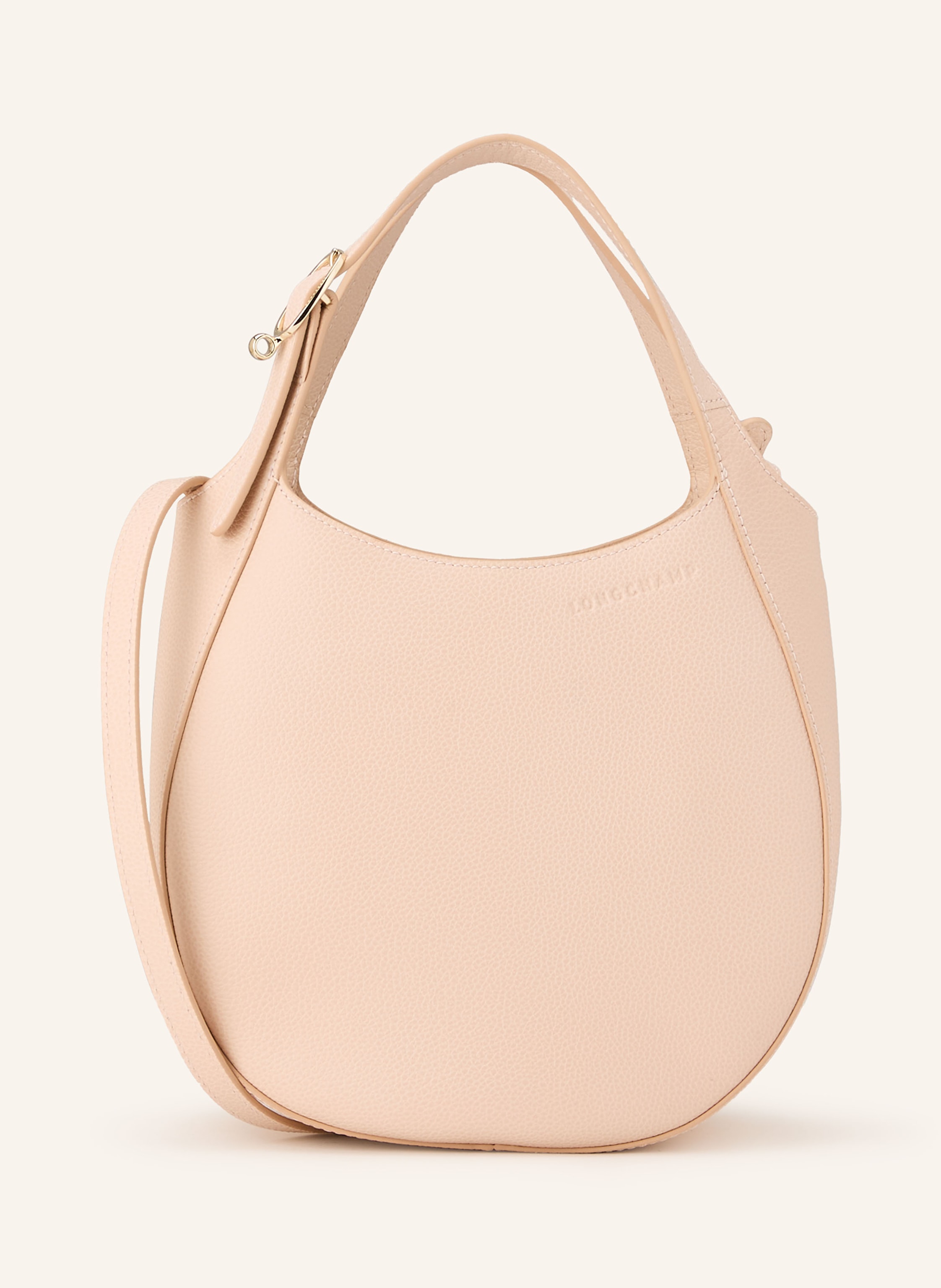 Longchamp Anhänger. Ein Innenfach mit Reißverschluss. Ein Steckfach. Innen ein Hauptfach. Längenverstellbarer Schulterriemen. Zwei Tragegriffe. Magnetverschluss. Label-Details. Fein genarbtes Leder. Unifarben in creme / gold