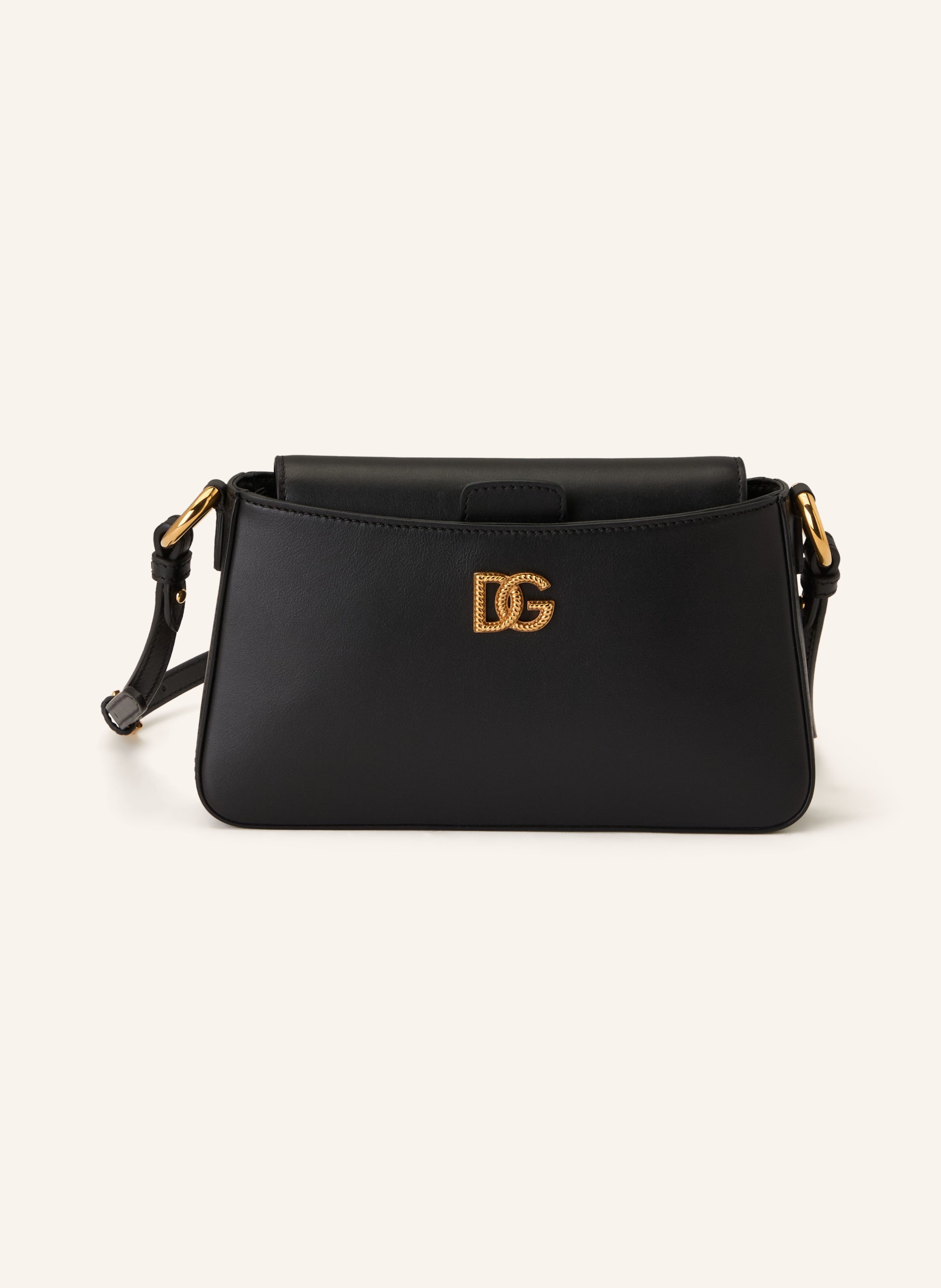 Dolce & Gabbana Ein Kartenfach. Ein Steckfach. Innen ein Hauptfach. Längenverstellbarer Schulterriemen. Verstärkter Taschenboden. Magnetverschluss. Made in Italy. Label-Anhänger. Fein genarbtes Leder. Unifarben in schwarz / gold