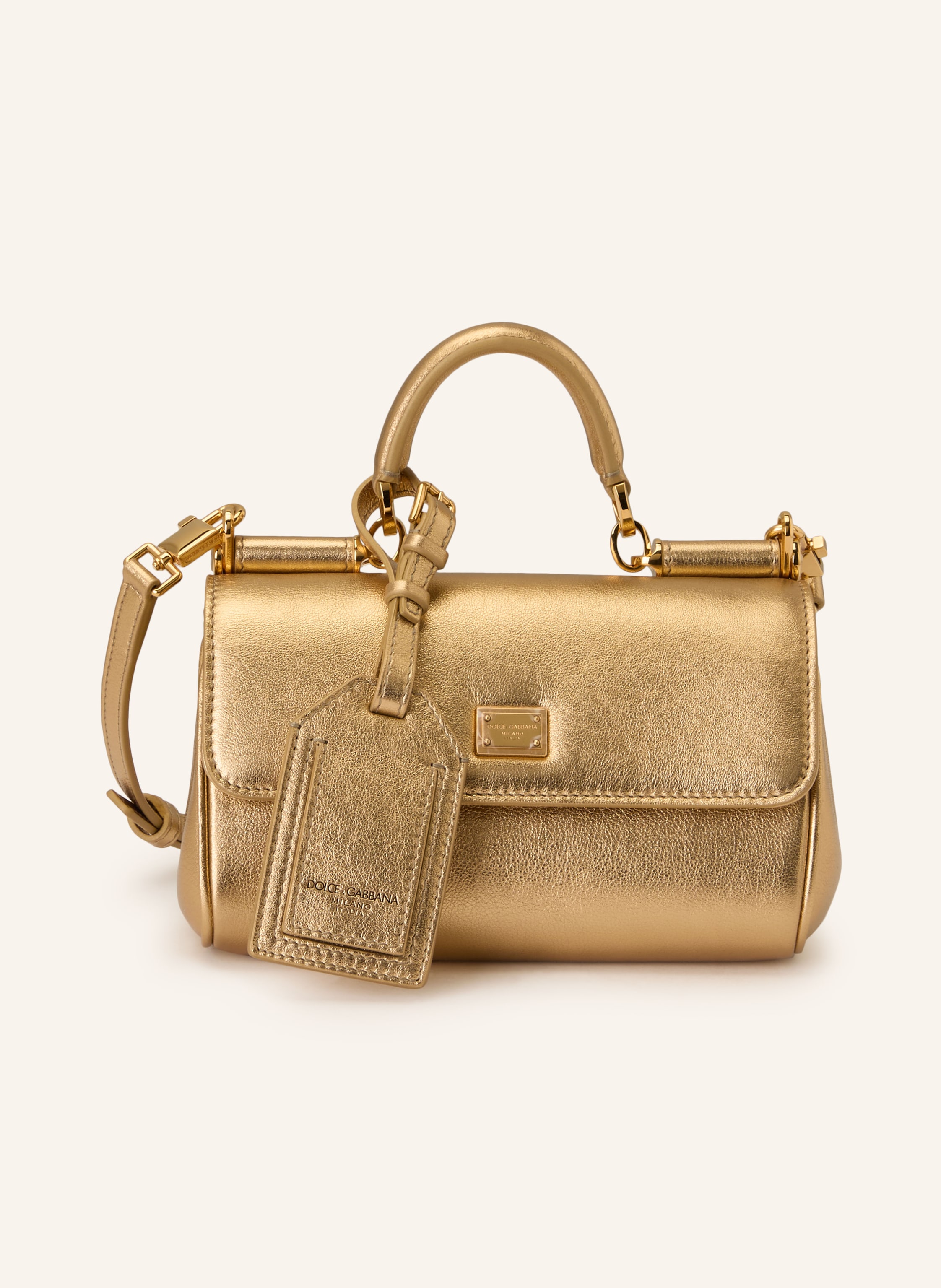 Dolce & Gabbana Anhänger. Ein Innenfach mit Reißverschluss. Innen ein Hauptfach. Abnehmbarer Schulterriemen. Ein Tragegriff. Längenverstellbarer Schulterriemen. Steckschließe. Made in Italy. Label-Detail. Leder in Me in gold / gold