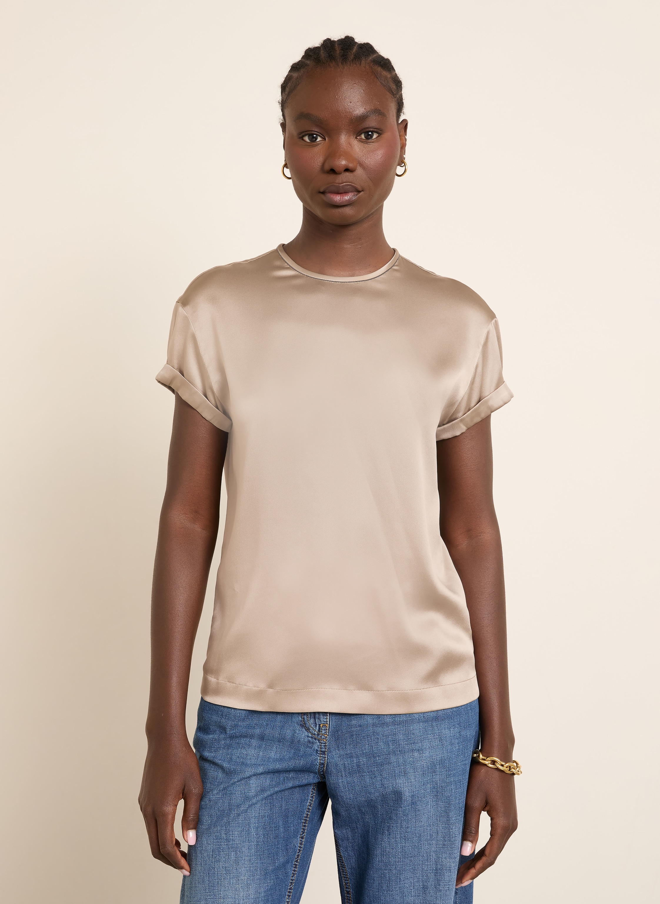 Thumbnail - Brunello Cucinelli Blusenshirt Aus Seide Mit Schmucksteinen beige