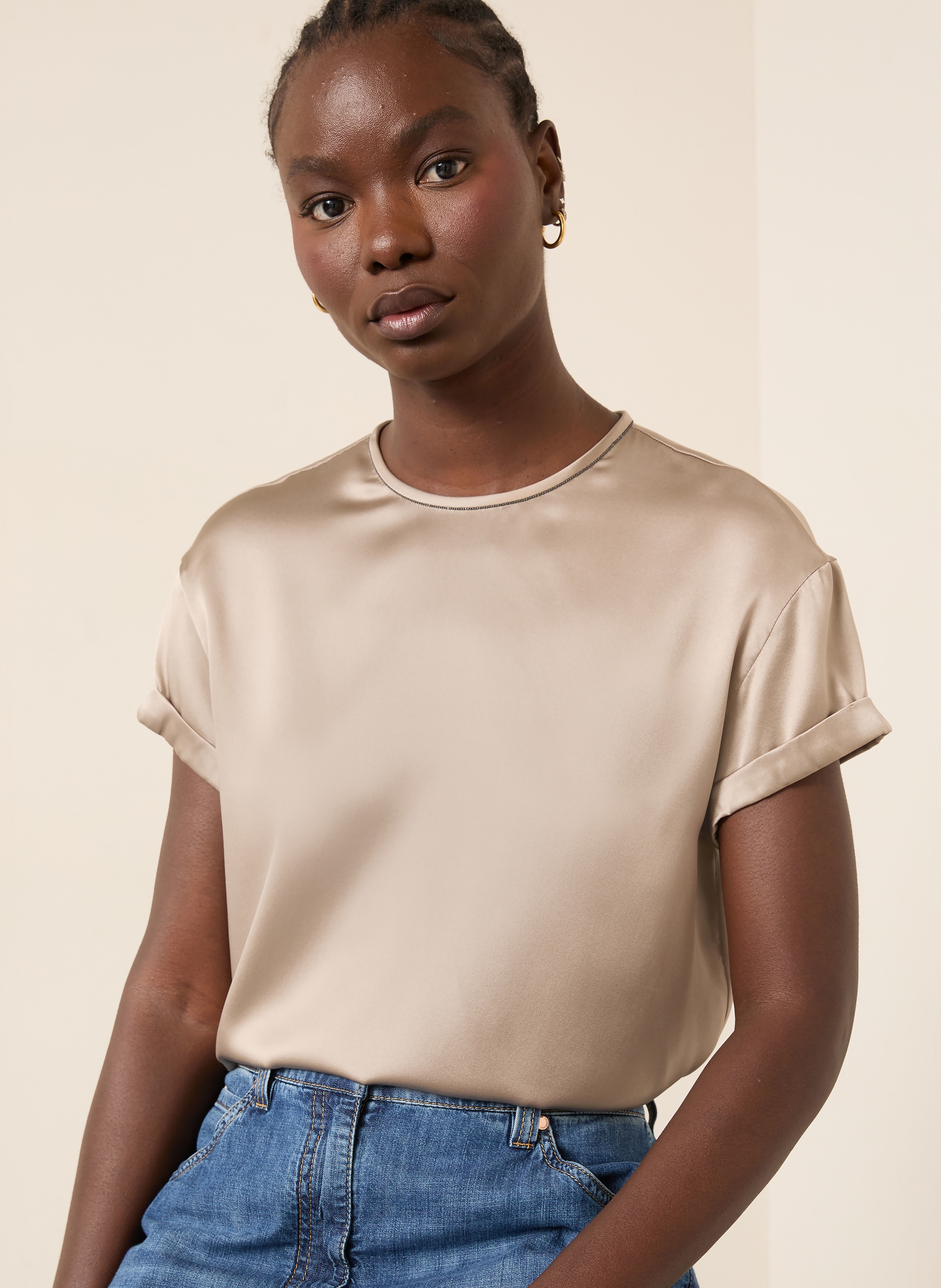 Thumbnail - Brunello Cucinelli Blusenshirt Aus Seide Mit Schmucksteinen beige