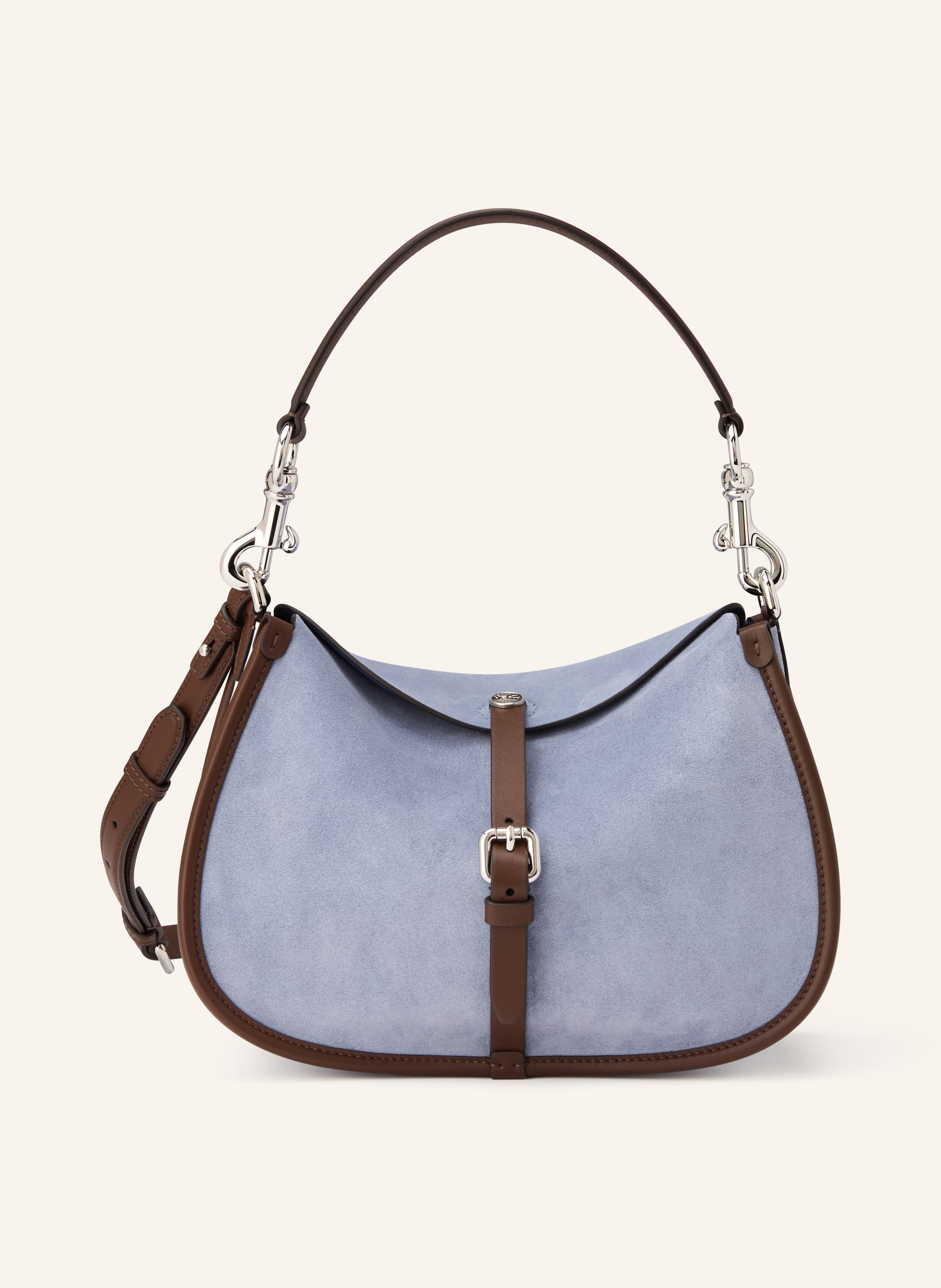 Etro Ein Steckfach. Abnehmbarer Schulterriemen. Längenverstellbarer Schulterriemen. Magnetverschluss. Innen ein Hauptfach. Made in Italy. Glattleder. Aus Veloursleder. Bicolor-Design. Riegel mit Dornschlie in hellblau / dunkelbraun