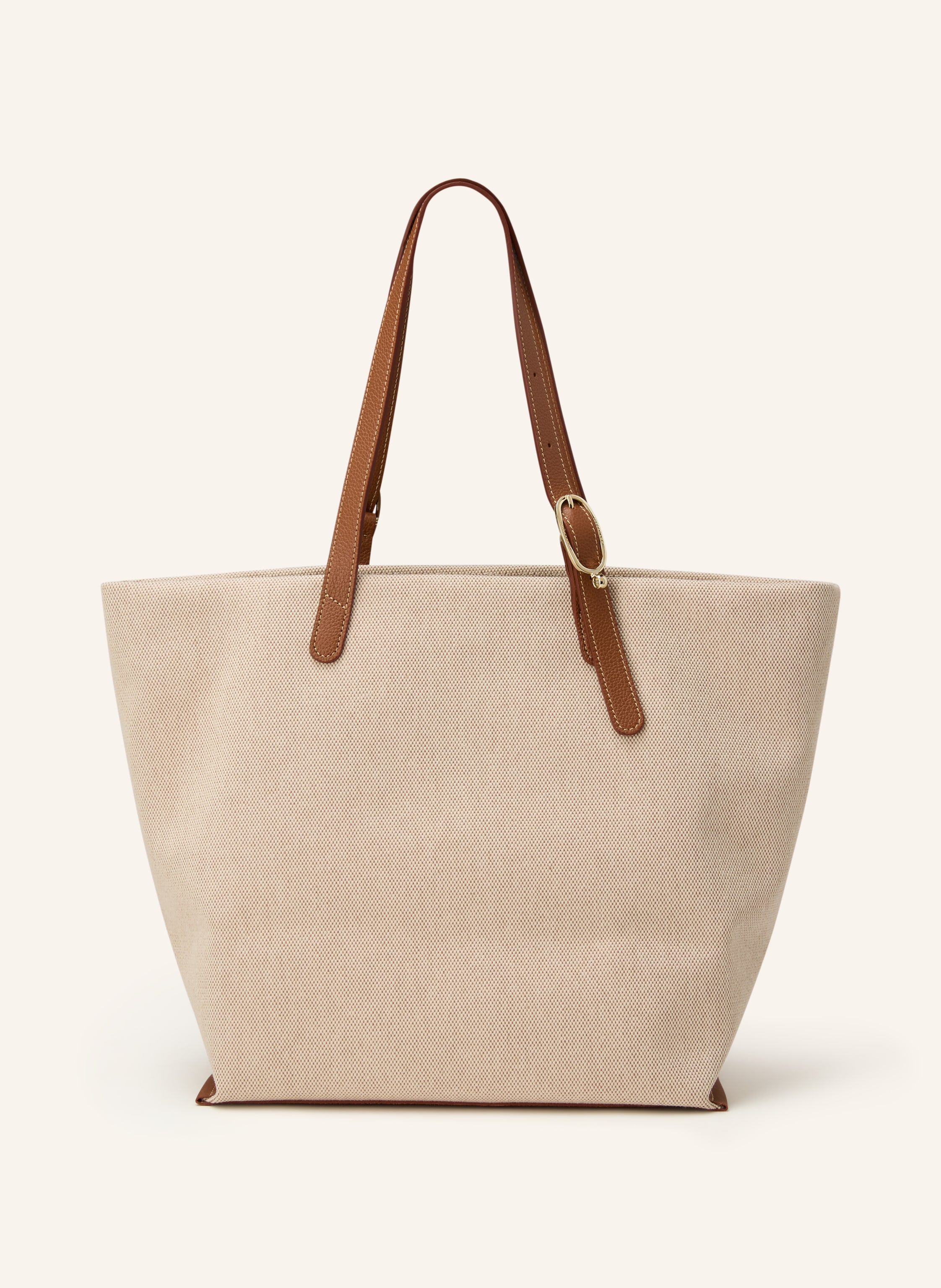 Longchamp Außenfach auf der Vorderseite. Ein Innenfach mit Reißverschluss. Zwei Tragegriffe. Verstärkter Taschenboden. Innen ein Hauptfach. Label-Detail. Canvas. Genarbtes Leder. Bicolor-Design in camel / braun