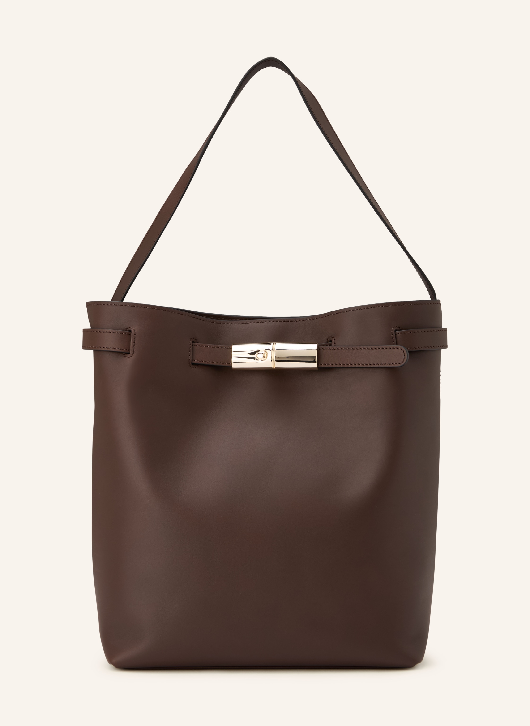 Longchamp Ein Innenfach mit Reißverschluss. Ein Steckfach. Ein Tragegriff. Druckknopf. Label-Wording. Glattleder. Unifarben in dunkelbraun / gold