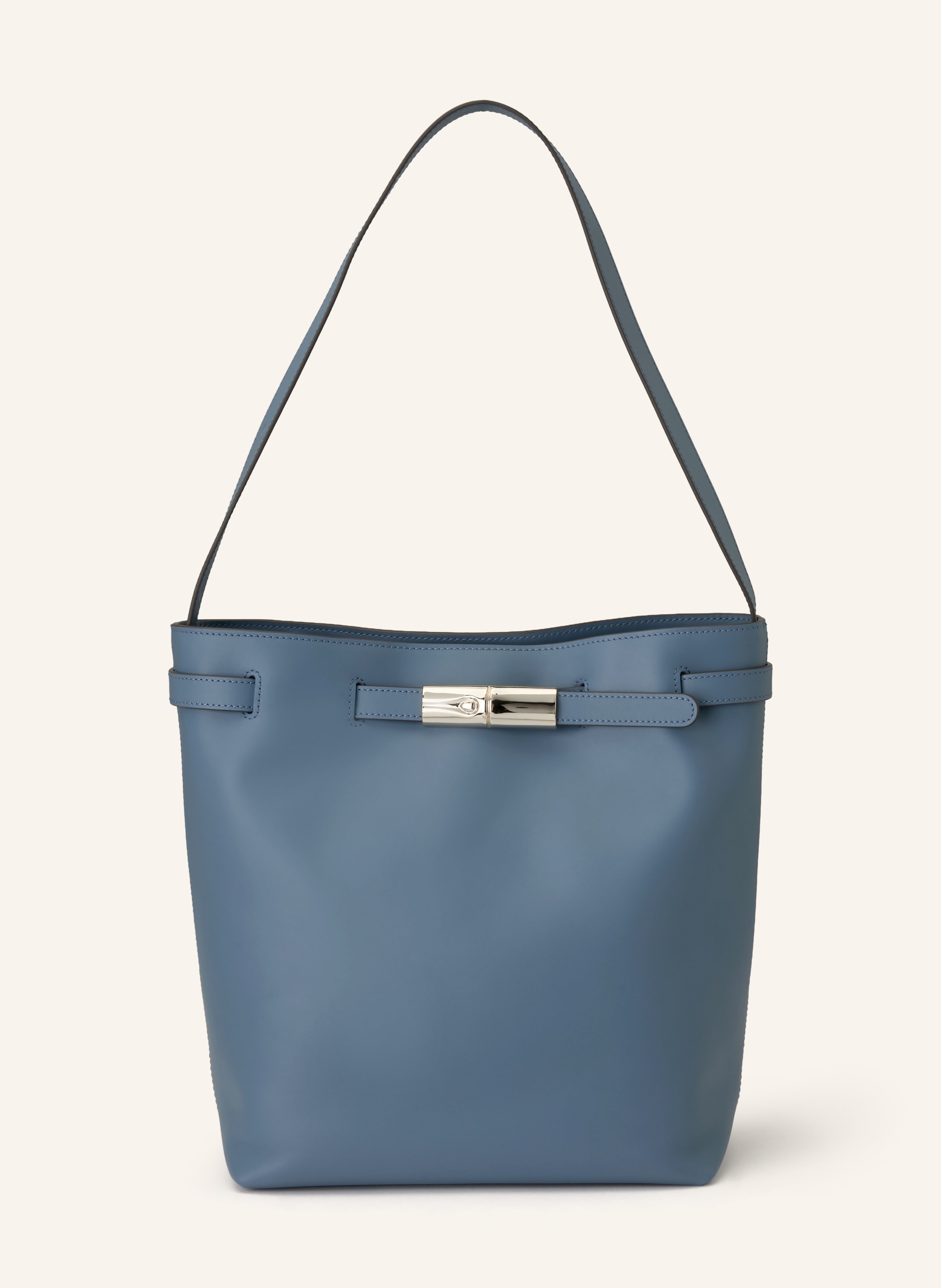 Longchamp Ein Innenfach mit Reißverschluss. Ein Steckfach. Ein Tragegriff. Druckknopf. Label-Wording. Glattleder. Unifarben in hellblau