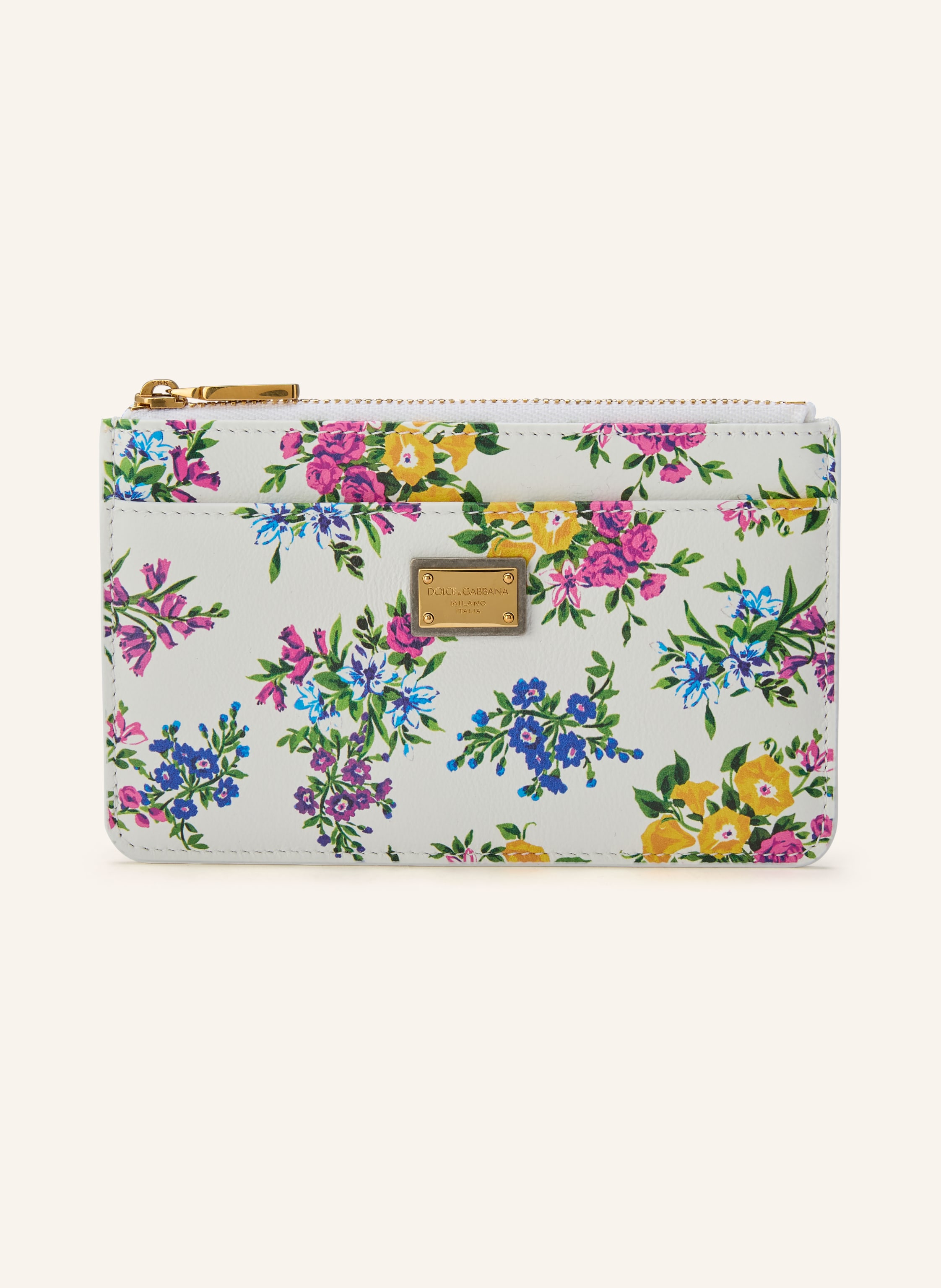 Dolce & Gabbana Zwei Steckfächer. Fünf Kartenfächer. Münzfach mit Reißverschluss. Made in Italy. Label-Detail. Fein genarbtes Leder. Florales Muster in weiss / pink / grün