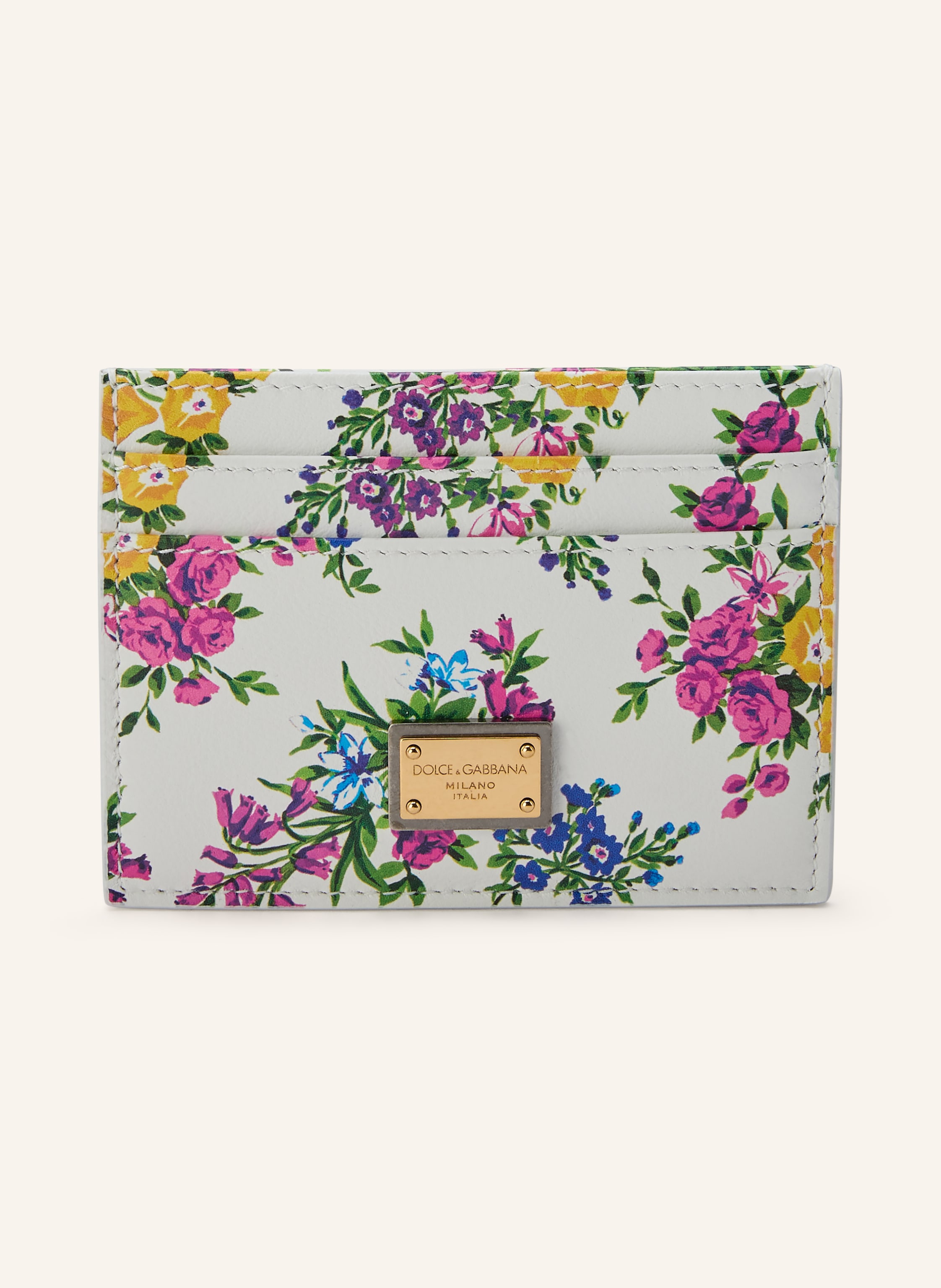Dolce & Gabbana Ein Steckfach. Vier Kartenfächer. Made in Italy. Label-Detail. Fein genarbtes Leder. Florales Muster in weiss / pink / grün