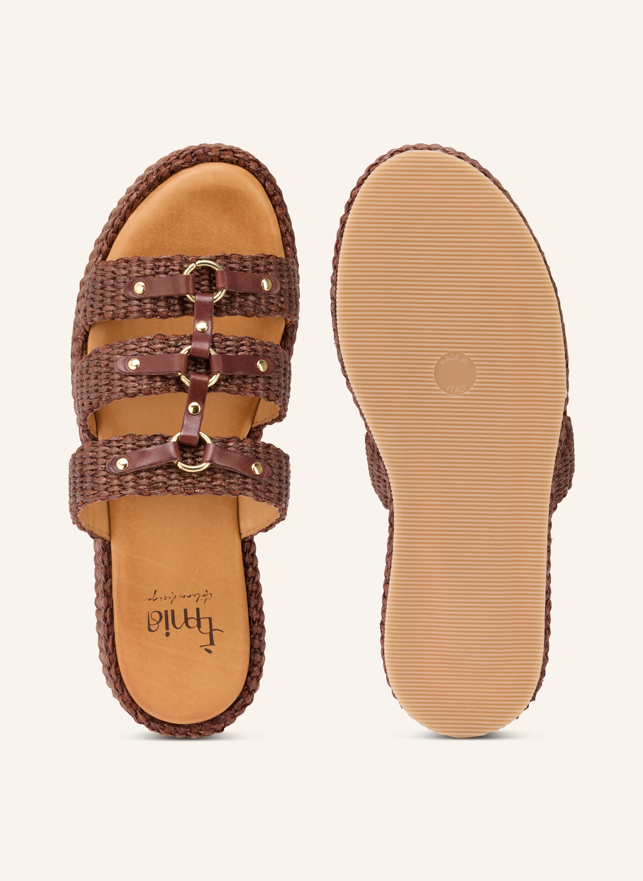 Thumbnail - È Mia Plateau-Pantoletten Mit Nieten braun