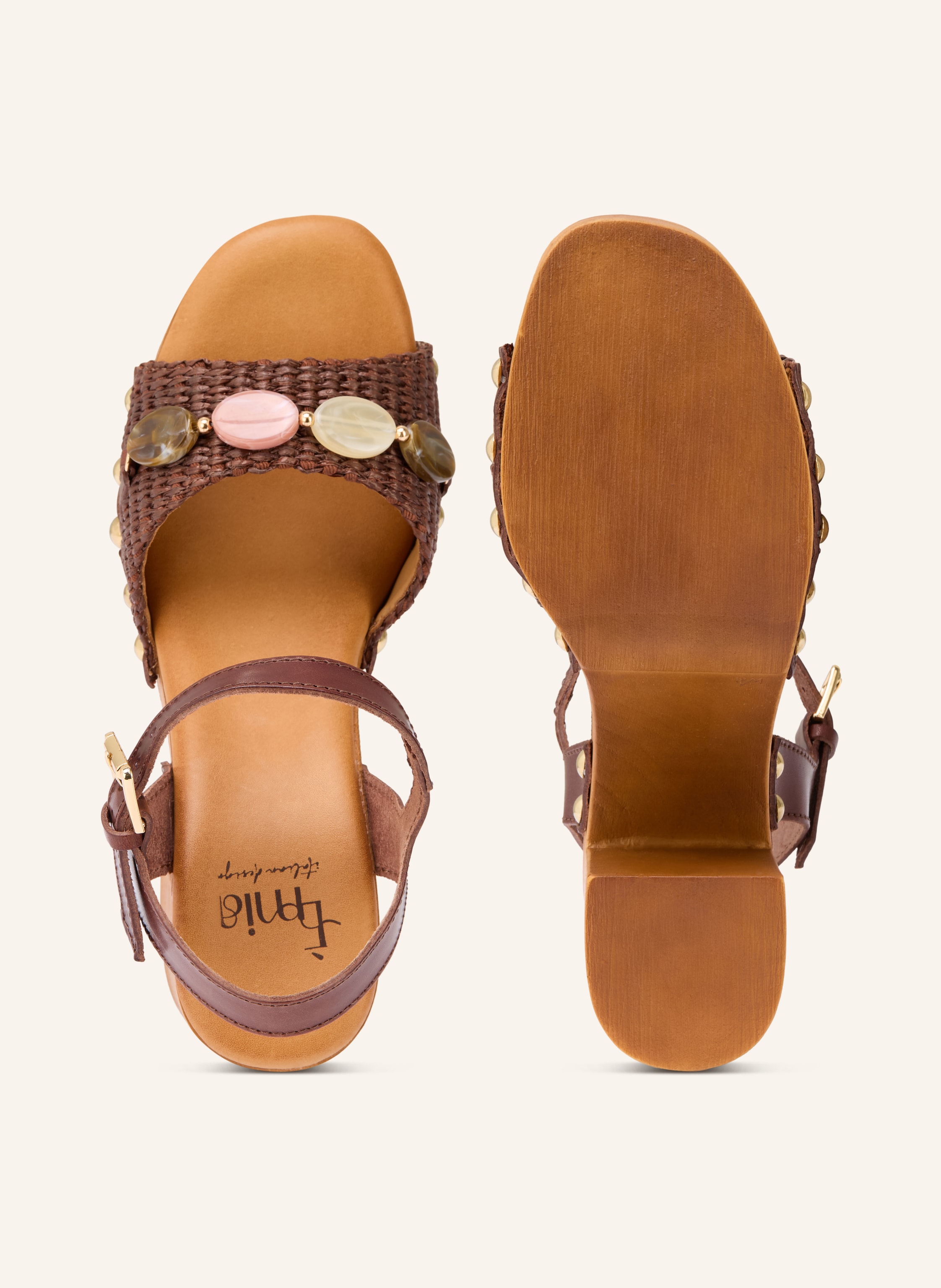 Thumbnail - È Mia Plateau-Sandaletten Mit Schmucksteinen Und Nieten braun