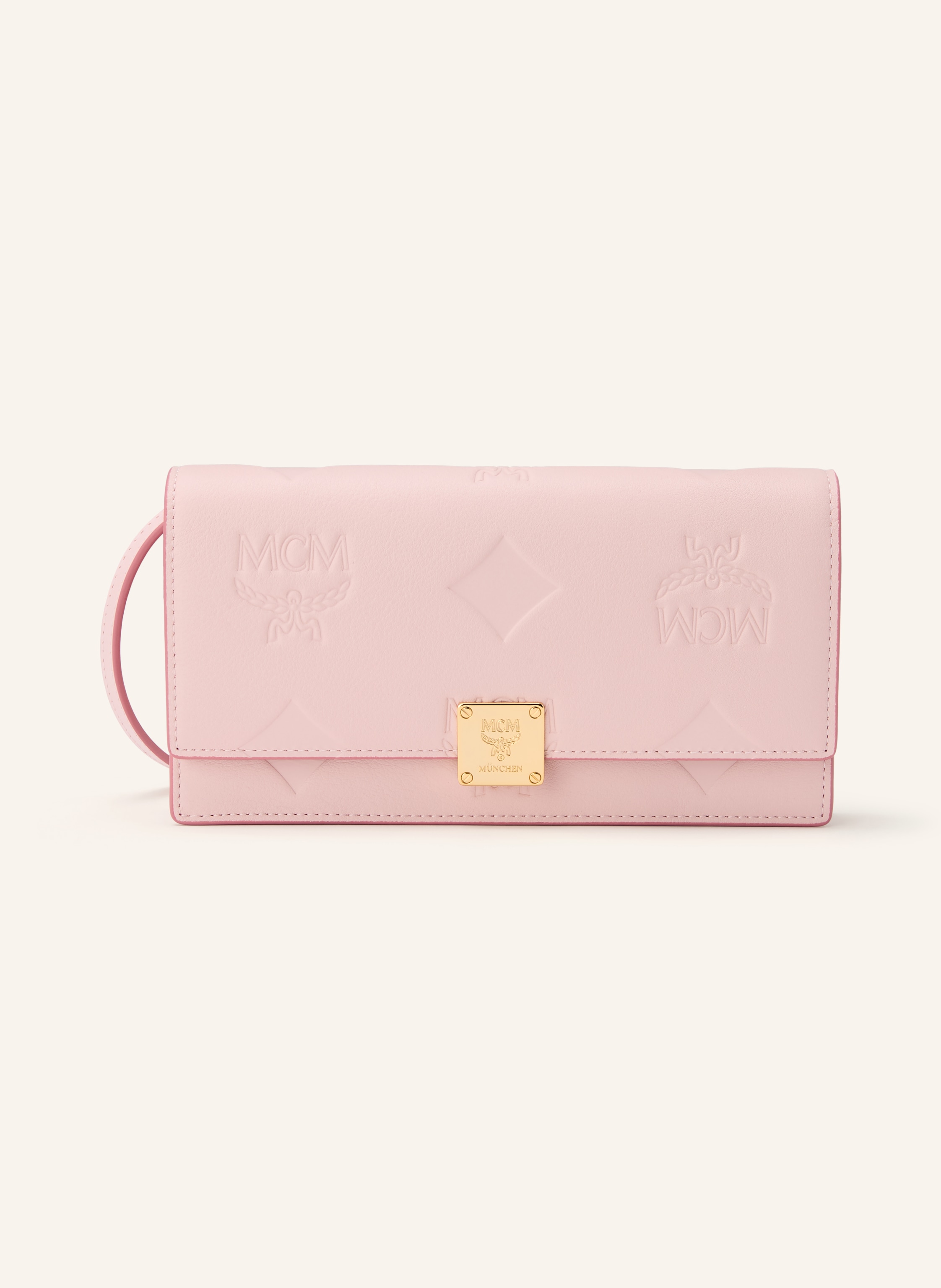 MCM Ein Innenfach mit Reißverschluss. Vier Kartenfächer. Abnehmbarer Schulterriemen. Längenverstellbarer Gürtel. Druckknopf. Innen zwei Hauptfächer. Label-Wording. Fein genarbtes Leder. Monogramm-Muster in rosa
