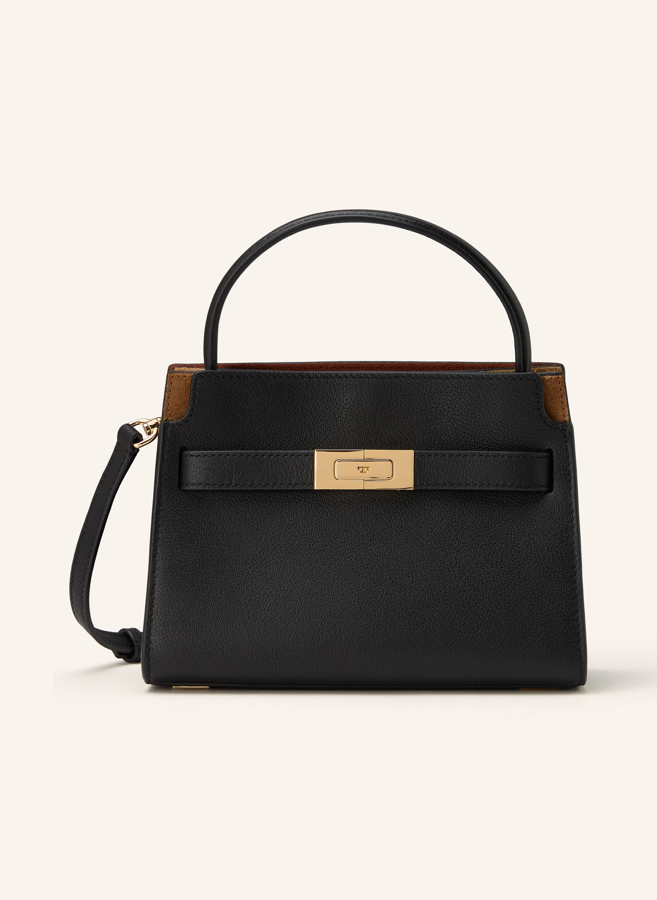 Tory Burch Ein Kartenfach. Abnehmbarer Schulterriemen. Längenverstellbarer Schulterriemen. Zwei Tragegriffe. Schutzfüßchen. Verstärkter Taschenboden. Druckknopf. Steckschließe. Innen drei Hauptfächer. Fein genar Small in schwarz / gold