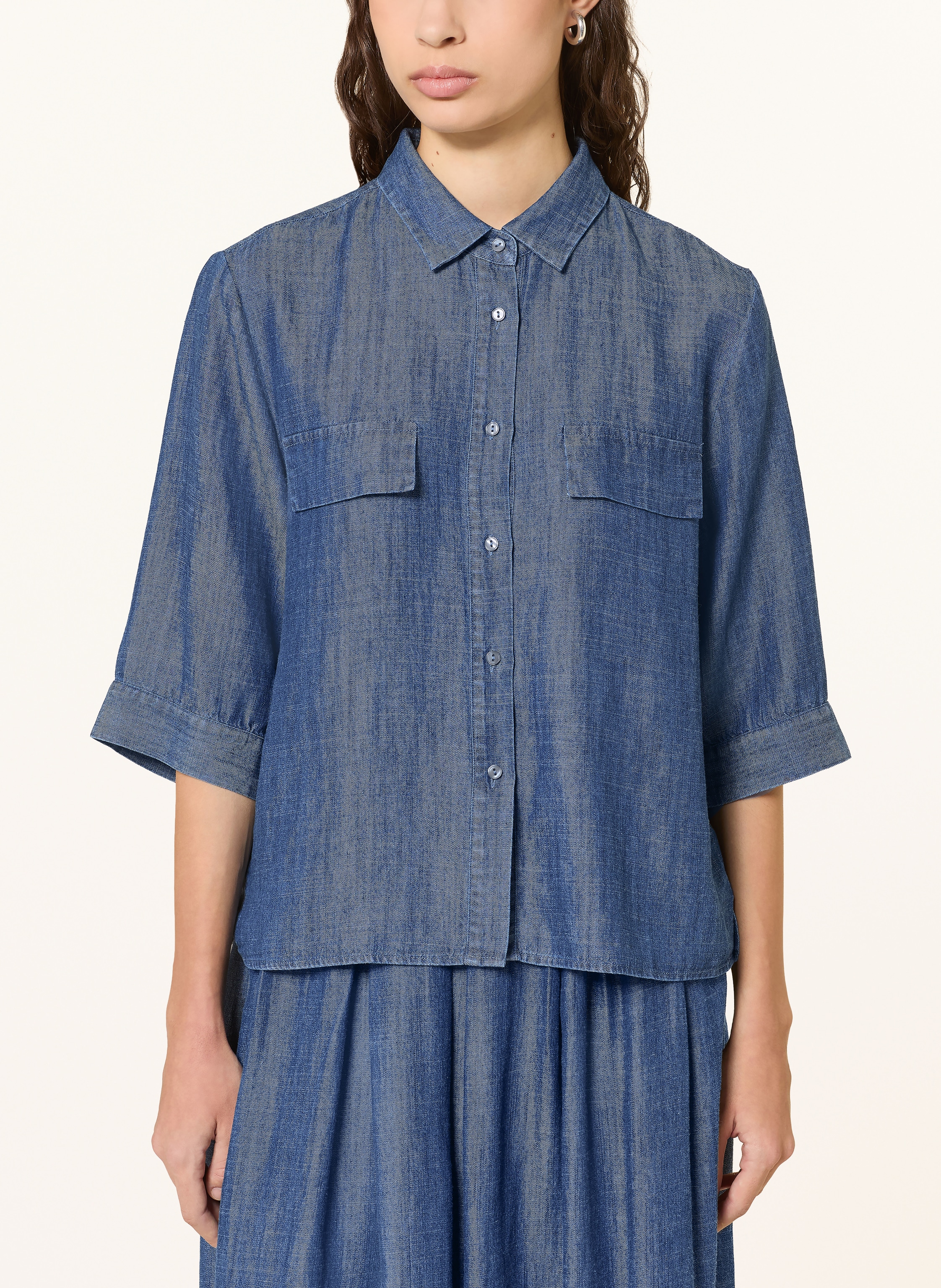 Thumbnail - 0039 Italy Hemdbluse Mit 3/4-Arm In Jeansoptik blau