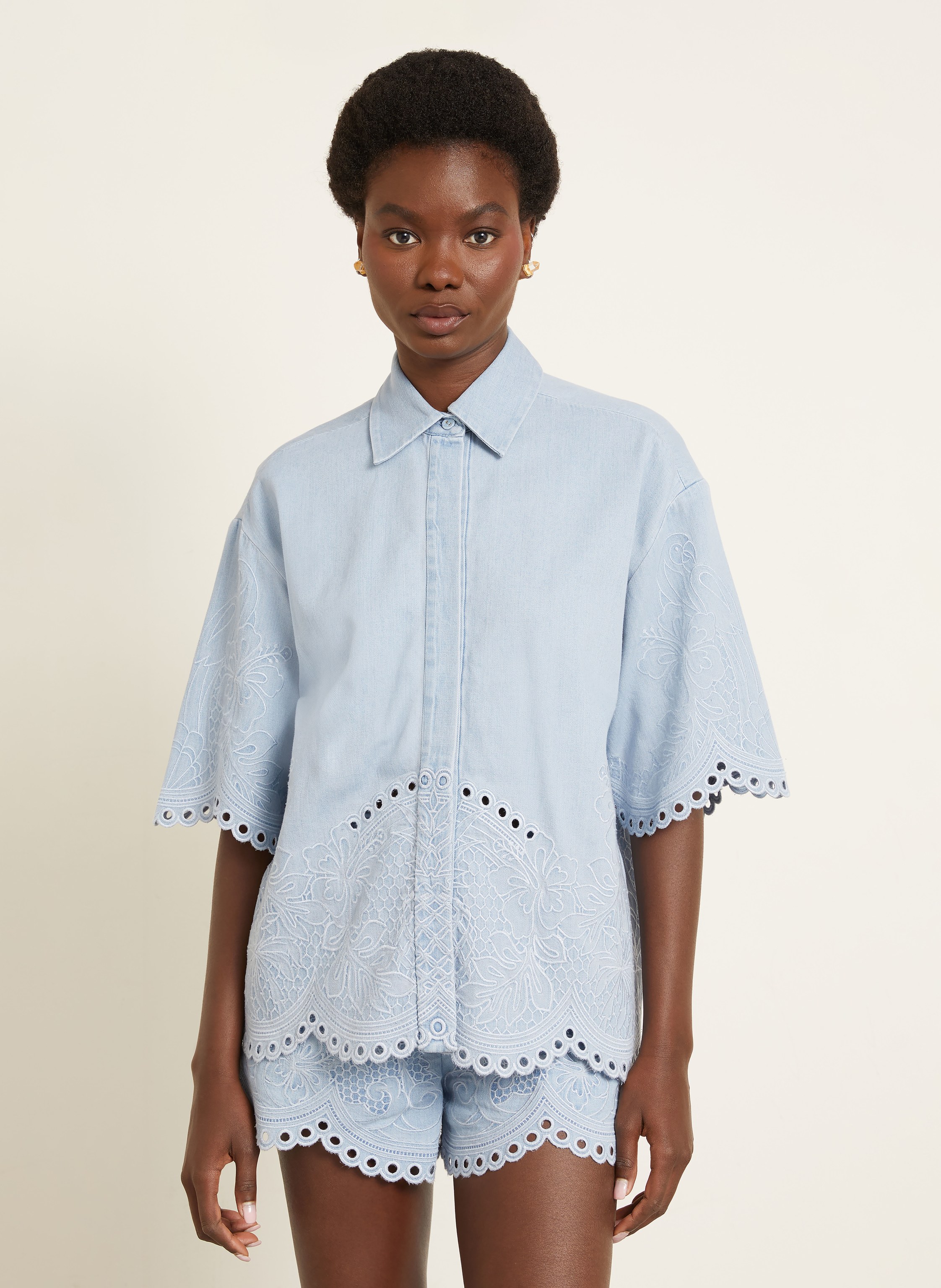 Thumbnail - Zimmermann Blusenshirt Daylight In Jeansoptik Mit Lochspitze blau