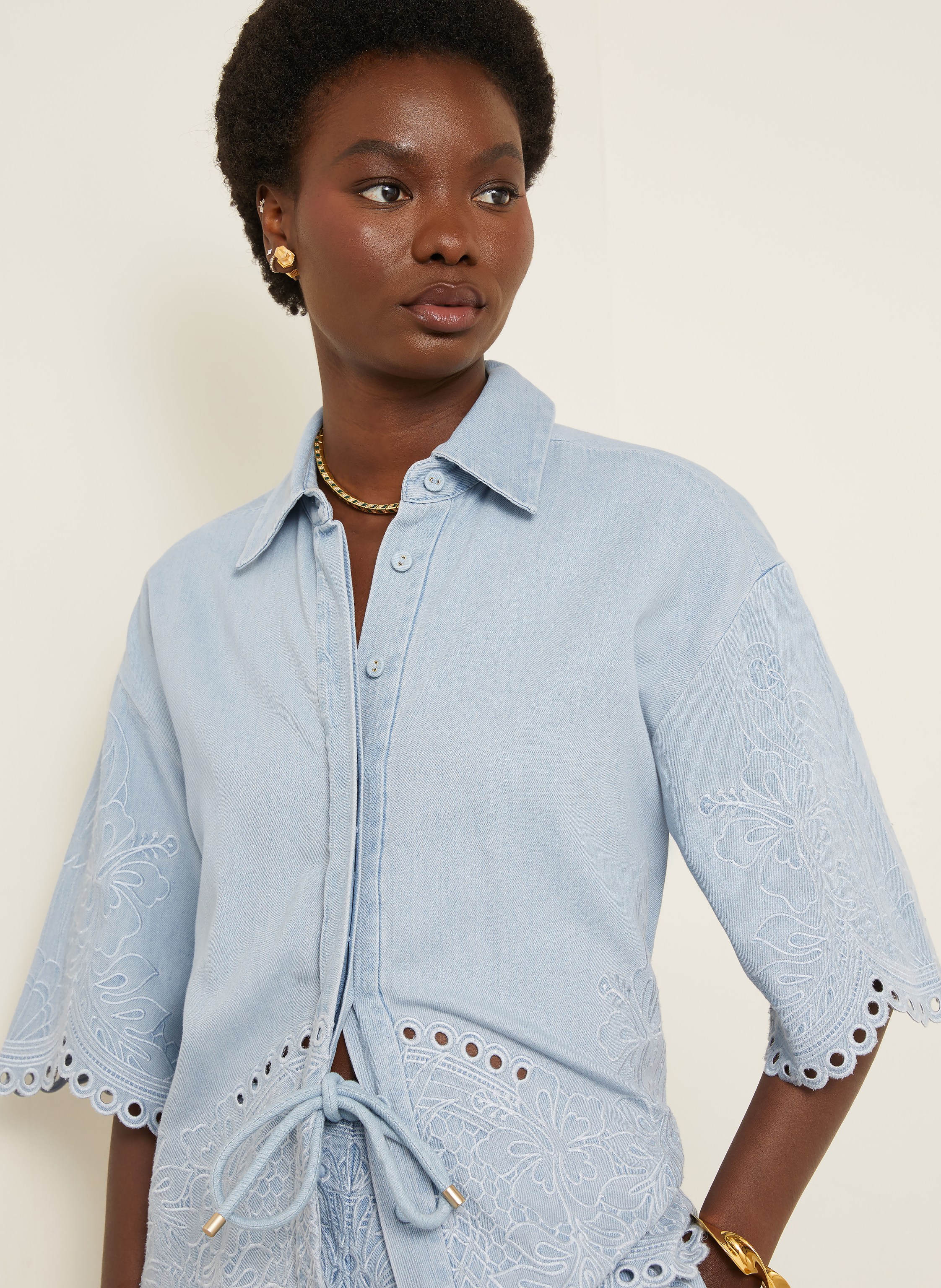 Thumbnail - Zimmermann Blusenshirt Daylight In Jeansoptik Mit Lochspitze blau