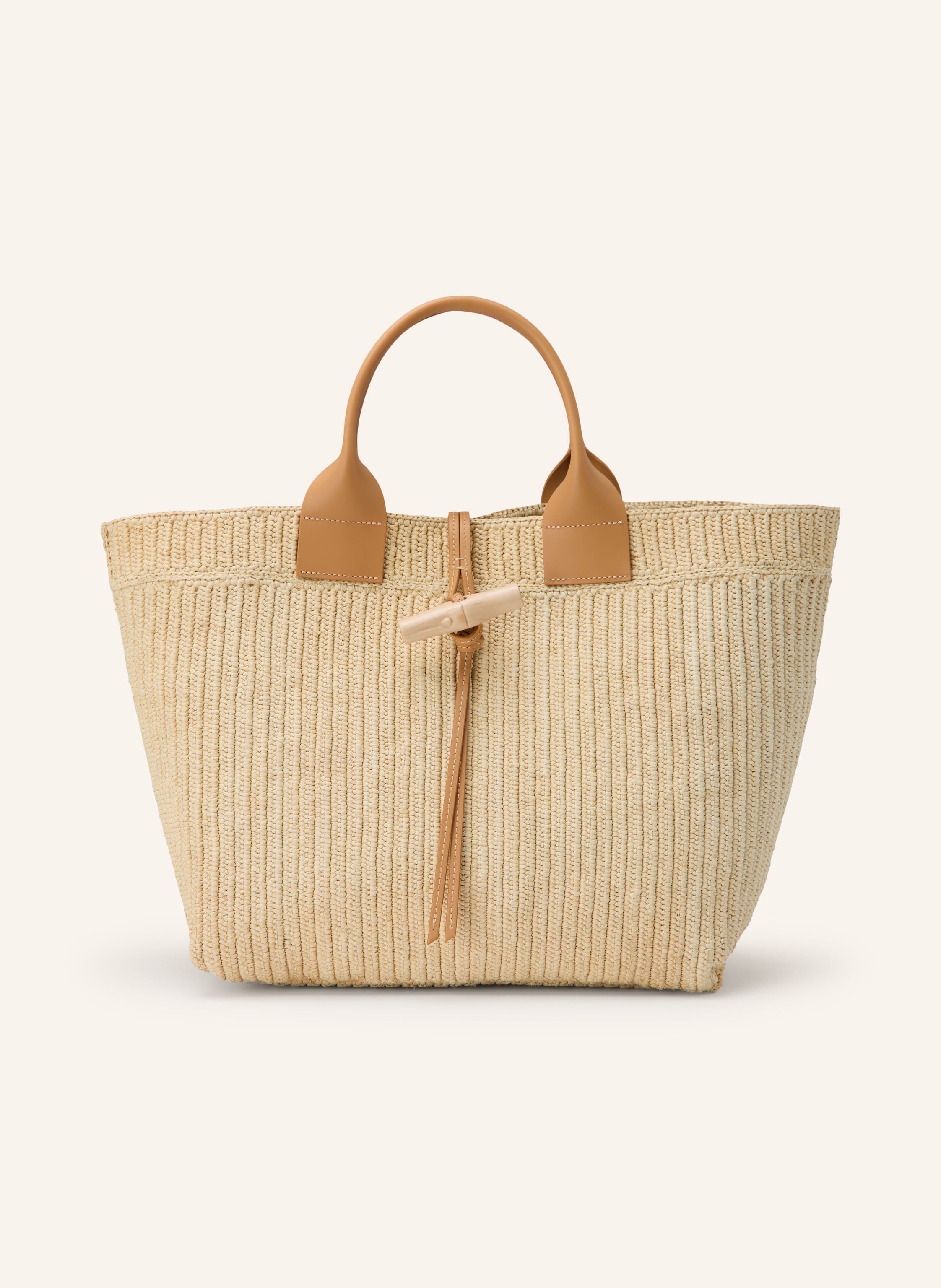 Longchamp Zwei Tragegriffe. Verstärkter Taschenboden. Knebelverschluss. Innen ein Hauptfach. Bast. Glattleder. Bicolor-Design. Geflochtenes Design Large in beige / hellbraun