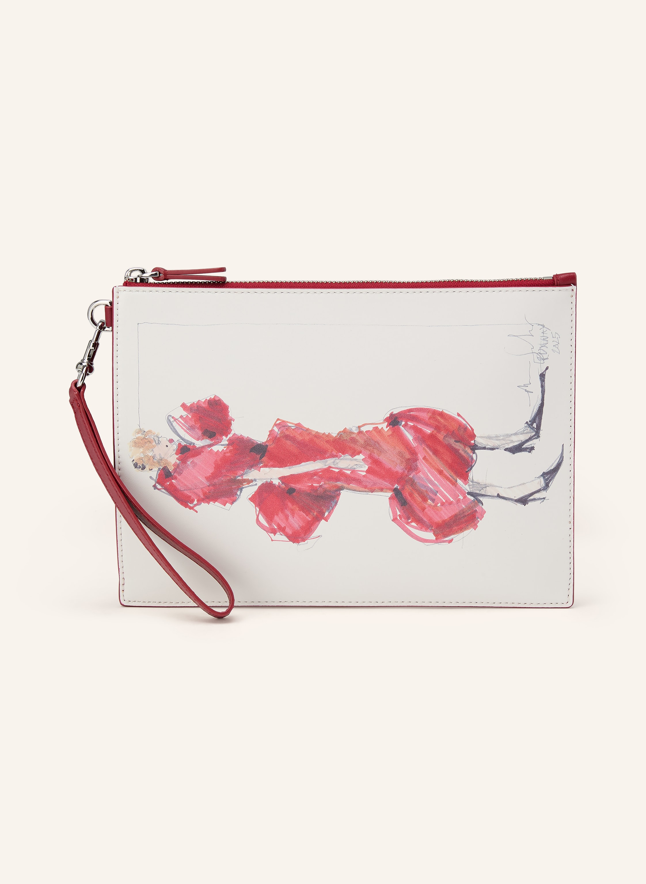 Marc Jacobs Drei Kartenfächer. Reißverschluss. Innen ein Hauptfach. Glattleder. Motiv-Print. Abnehmbare Handgelenksschlaufe in rot / silber / weiss