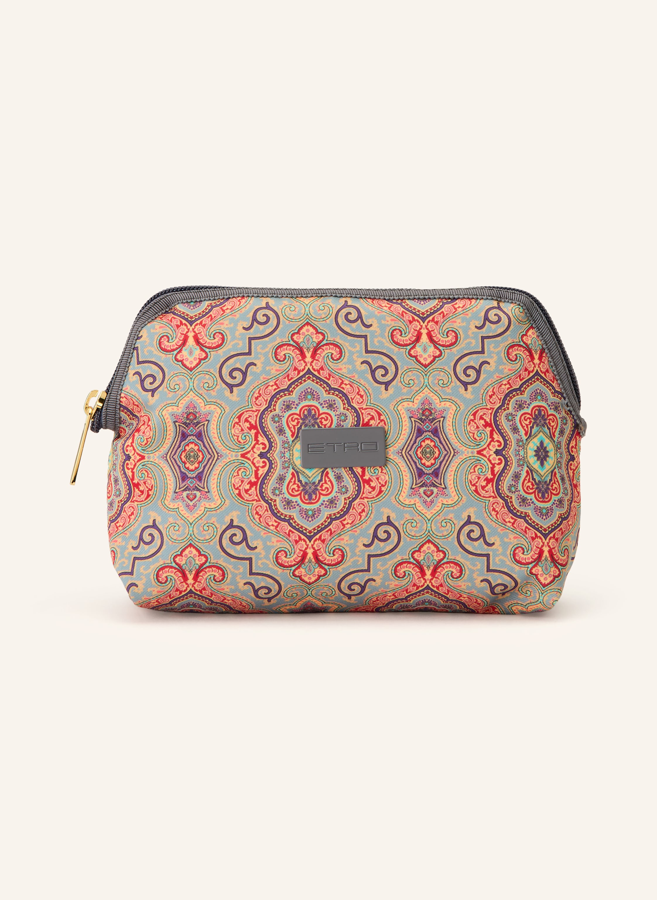 Etro Reißverschluss. Innen ein Hauptfach. Label-Wording. Textil. Paisley-Muster. Made in Italy in türkis / lila / rot