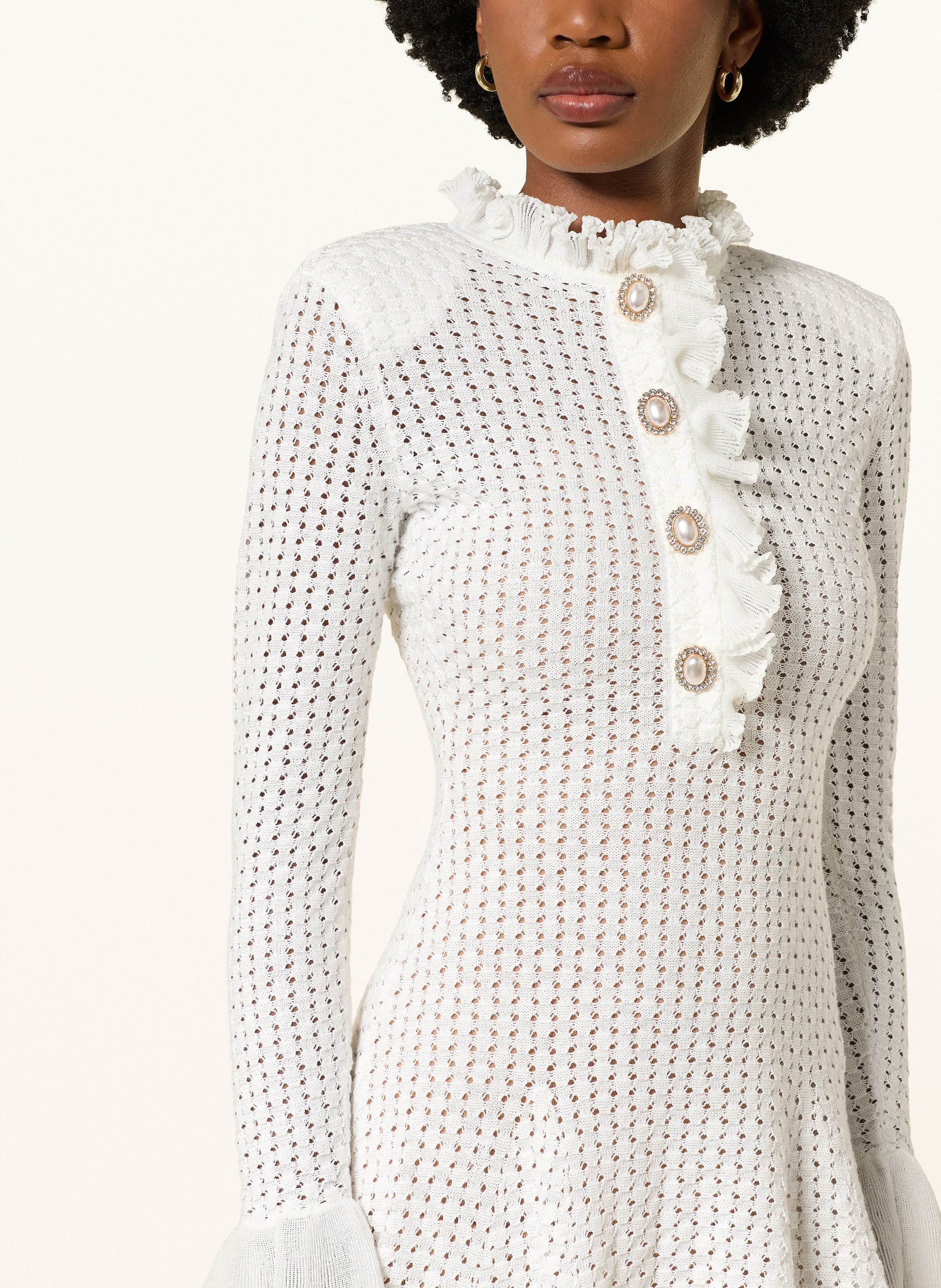 Thumbnail - Self-Portrait Strickkleid Mit Schmucksteinen Und Rüschen weiss