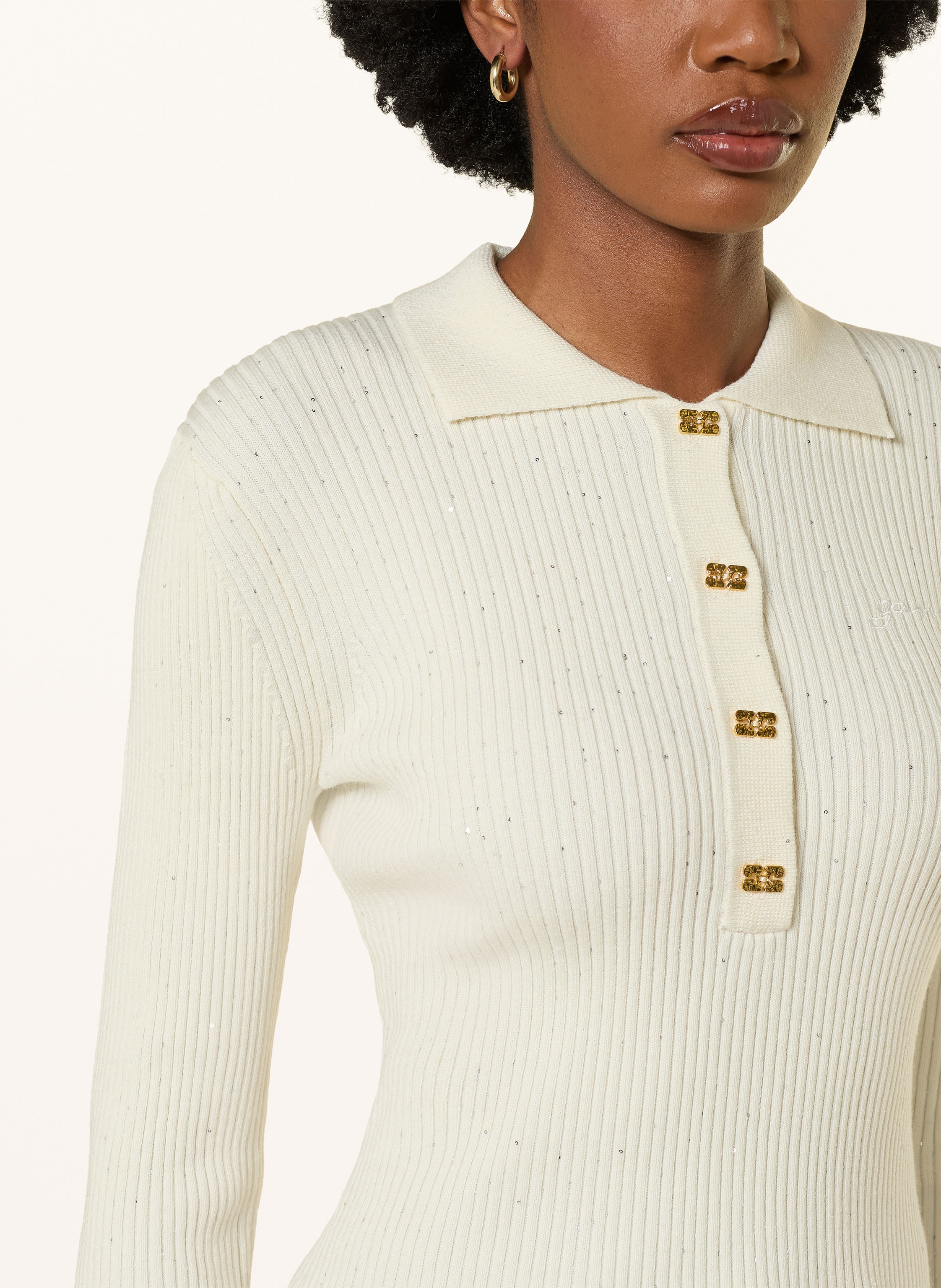 Thumbnail - Ganni Strick-Poloshirt Mit Pailletten beige
