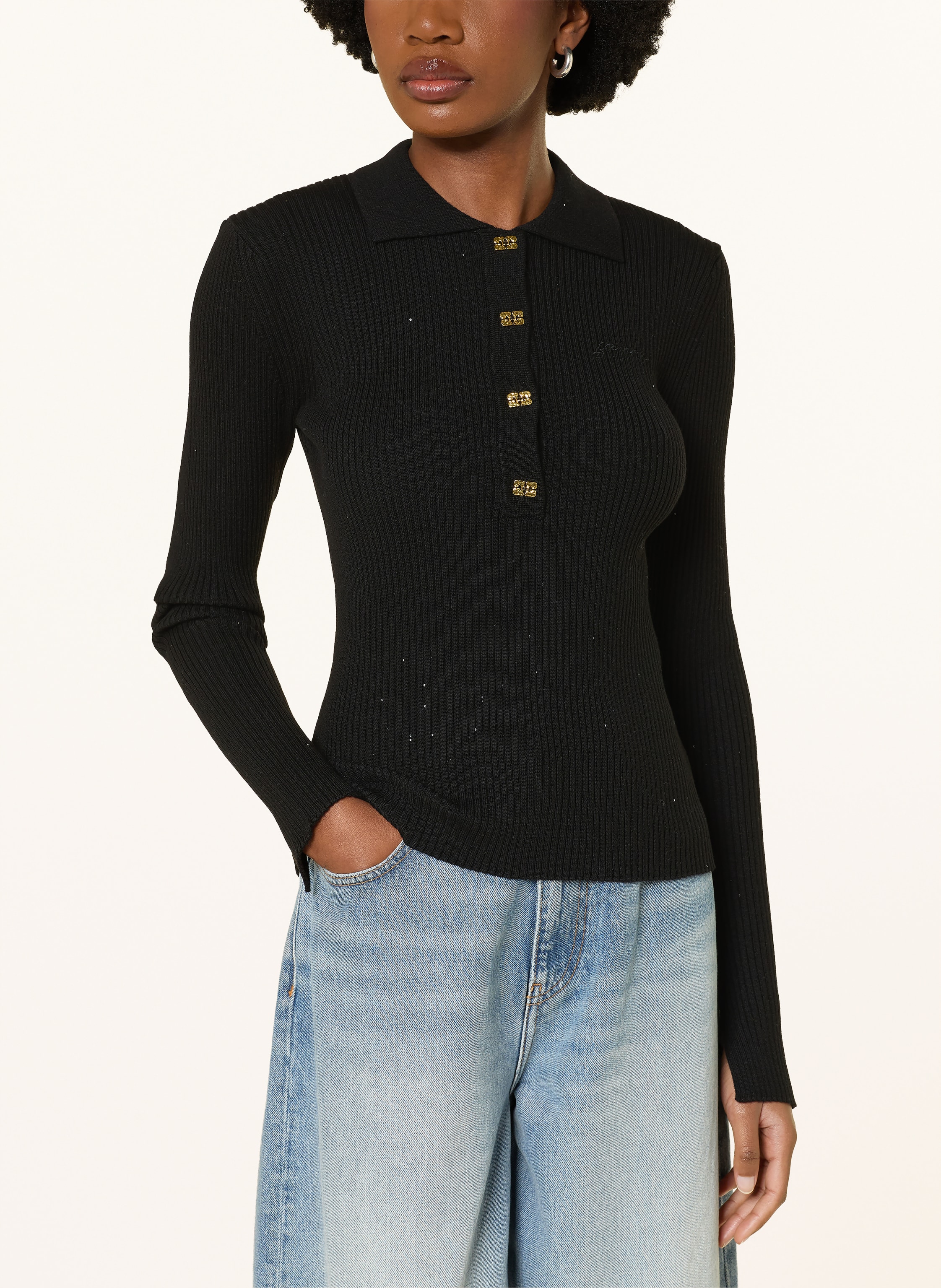 Thumbnail - Ganni Strick-Poloshirt Mit Pailletten schwarz